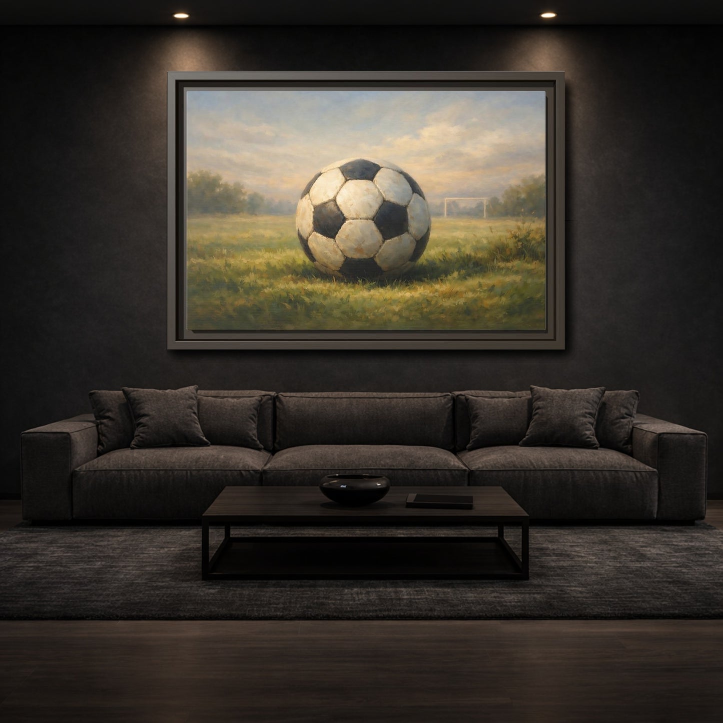 Mockup 2. Sports Soccer Ball Soccer Field shown as stretched canvas wall art