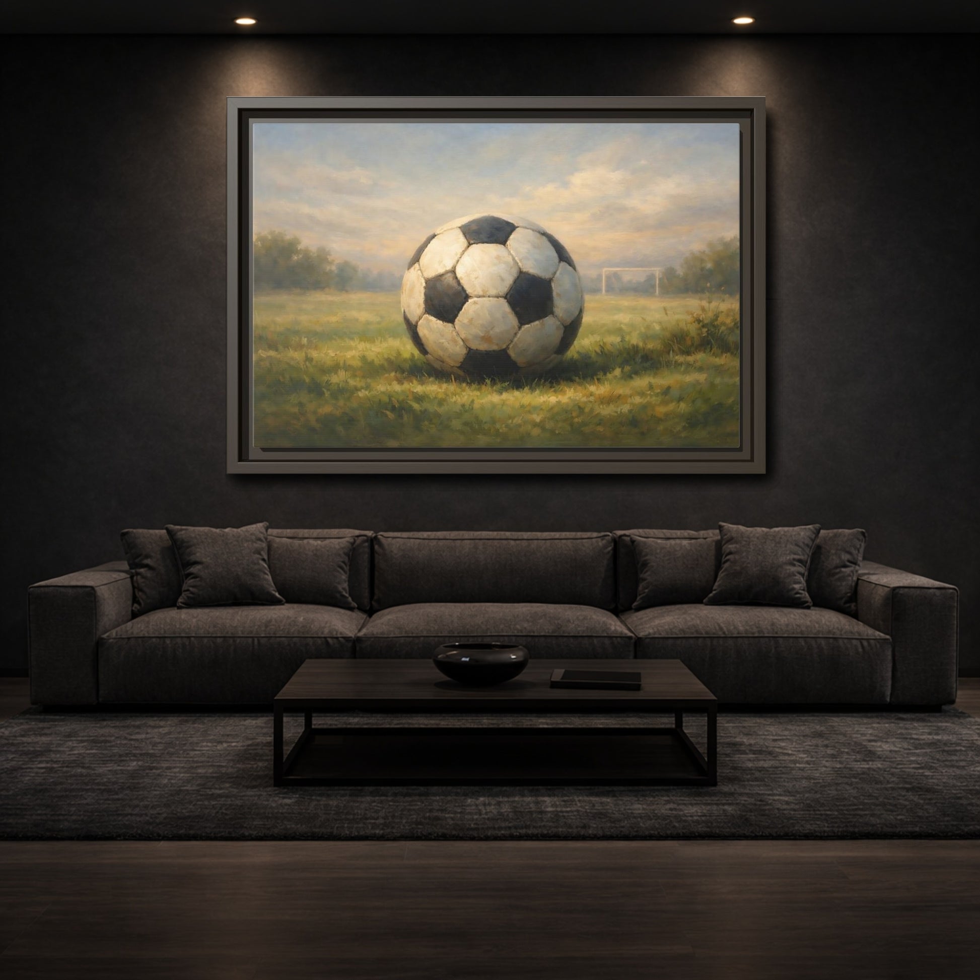 Mockup 2. Sports Soccer Ball Soccer Field shown as stretched canvas wall art