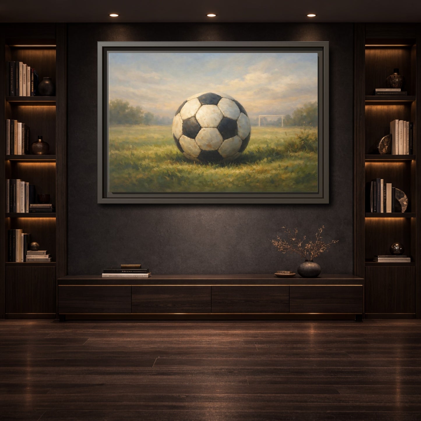 Mockup 3. Sports Soccer Ball Soccer Field shown as stretched canvas wall art