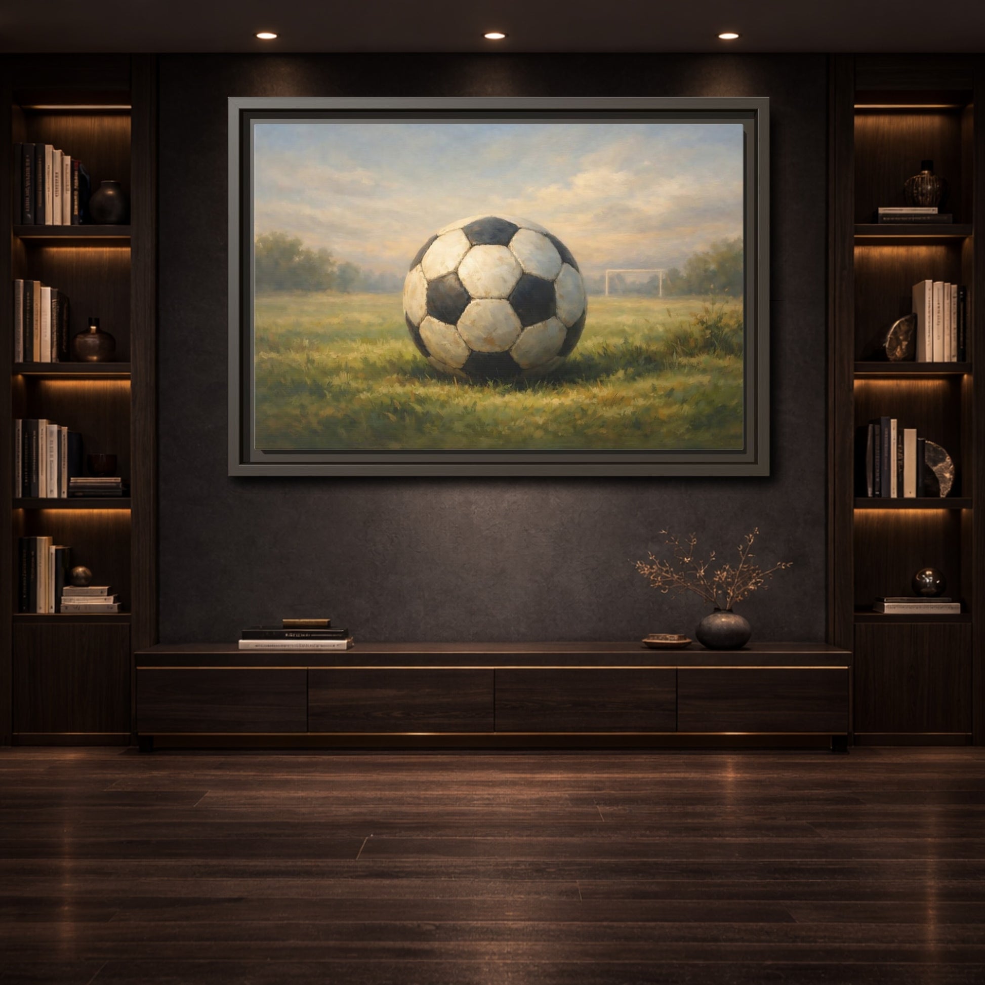 Mockup 3. Sports Soccer Ball Soccer Field shown as stretched canvas wall art