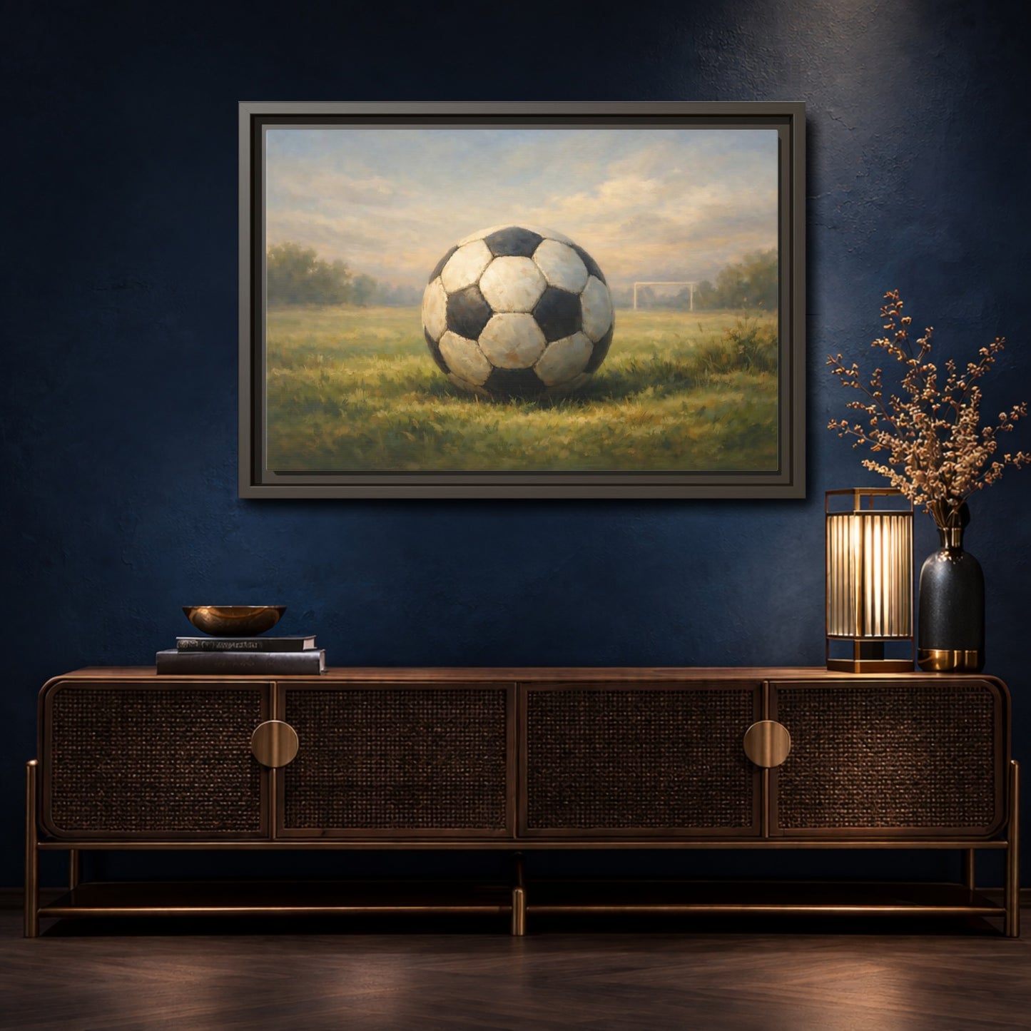 Mockup 4. Sports Soccer Ball Soccer Field shown as stretched canvas wall art