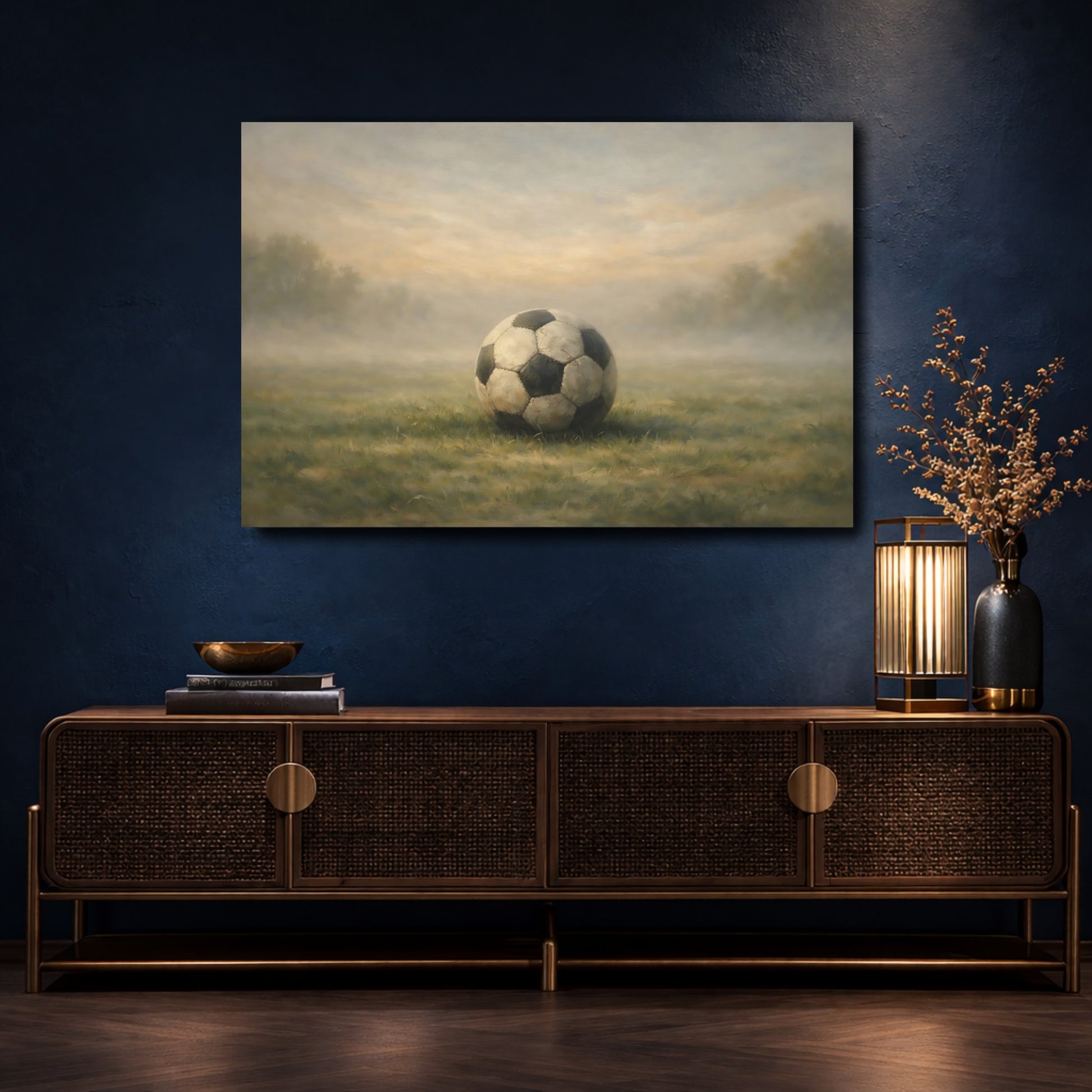 Mockup 4. Sports Soccer Ball Vintage Soccer Ball shown as stretched canvas wall art