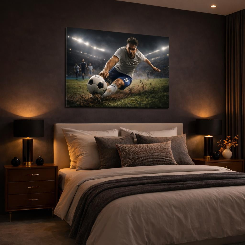 Sports Soccer Player Dynamic Soccer Action shown as canvas wall art in a luxury bedroom