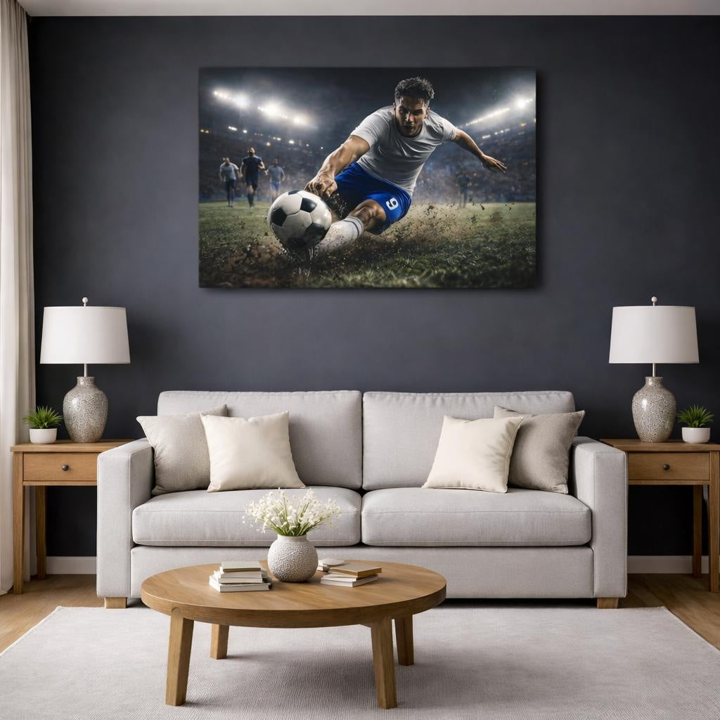 Sports Soccer Player Dynamic Soccer Action shown as canvas wall art in a modern living room