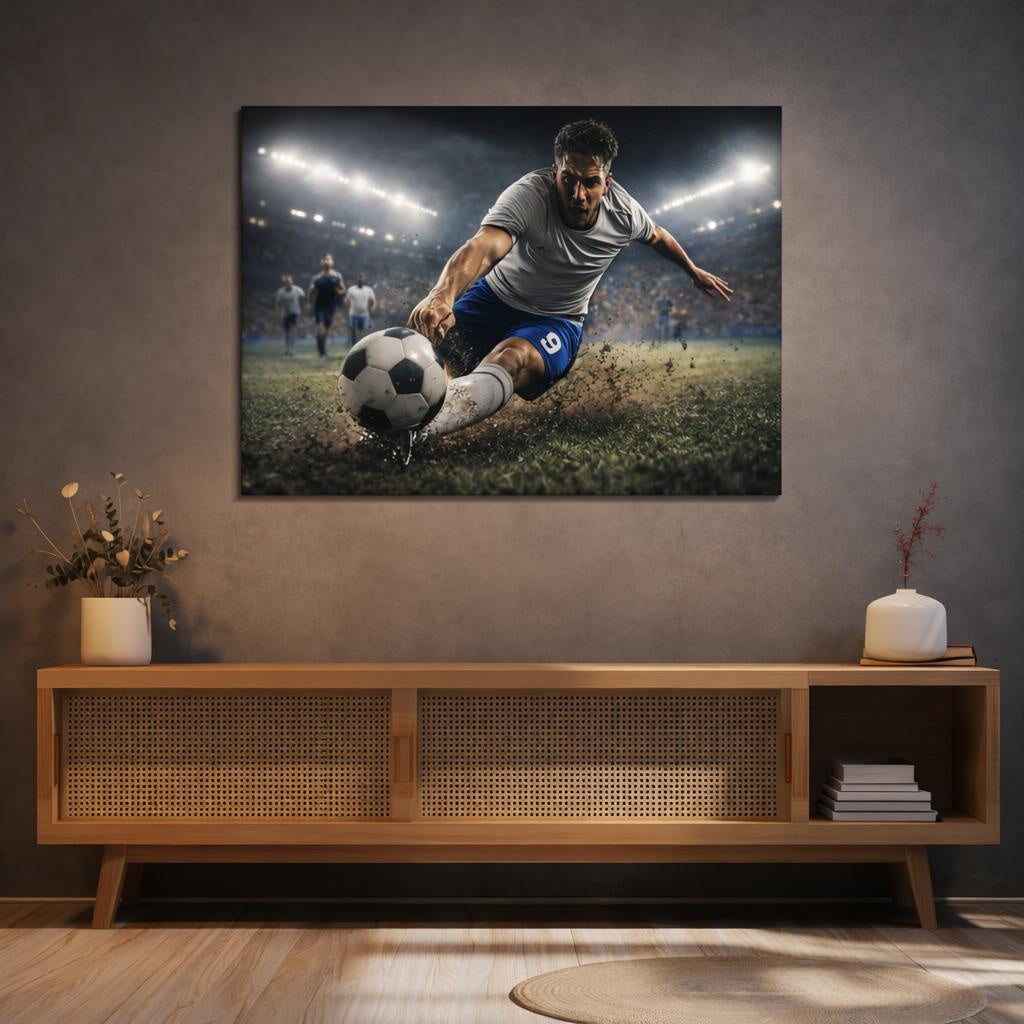 Sports Soccer Player Dynamic Soccer Action shown as canvas wall art in a sophisticated contemporary living space