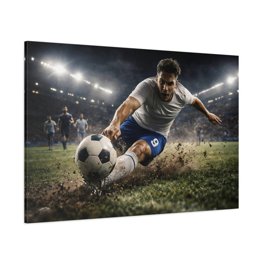 Sports Soccer Player Dynamic Soccer Action shown as stretched canvas wall art