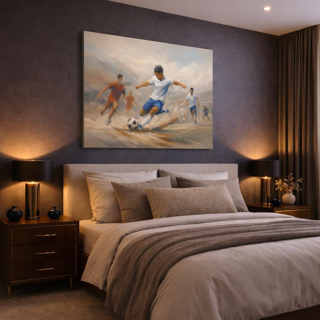 Sports Soccer Player Dynamic Soccer shown as canvas wall art in a luxury bedroom
