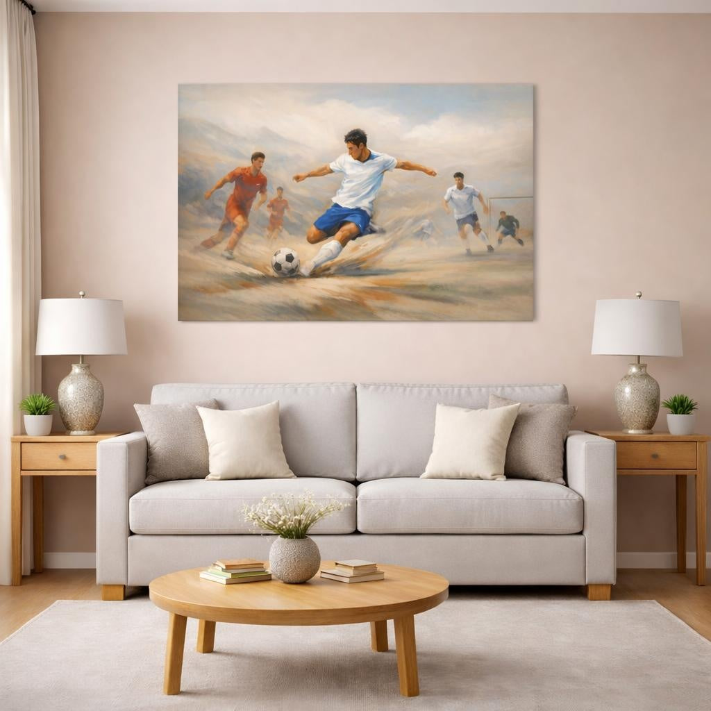 Sports Soccer Player Dynamic Soccer shown as canvas wall art in a modern living room