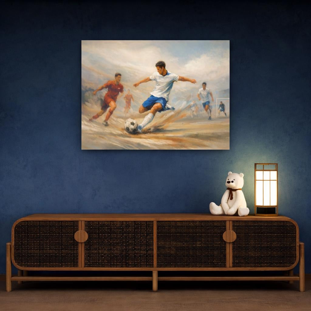 Sports Soccer Player Dynamic Soccer shown as canvas wall art in a sophisticated contemporary living space
