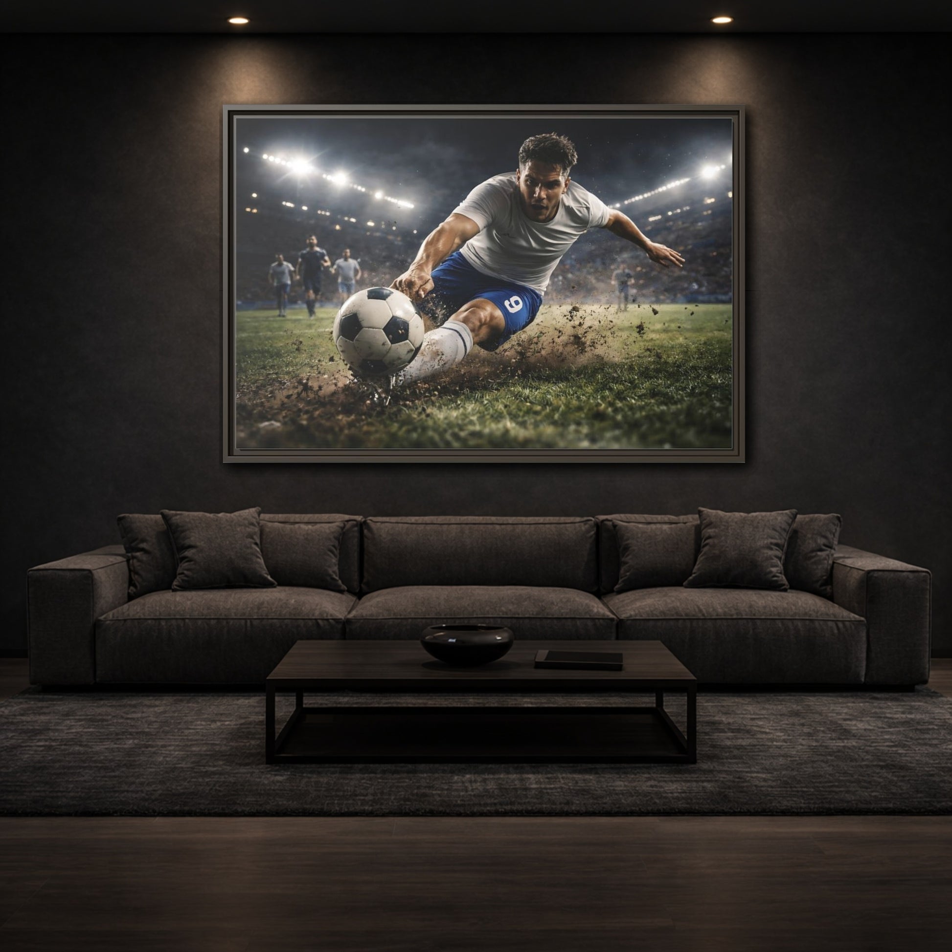 Mockup 2. Sports Soccer Player Soccer Action shown as stretched canvas wall art