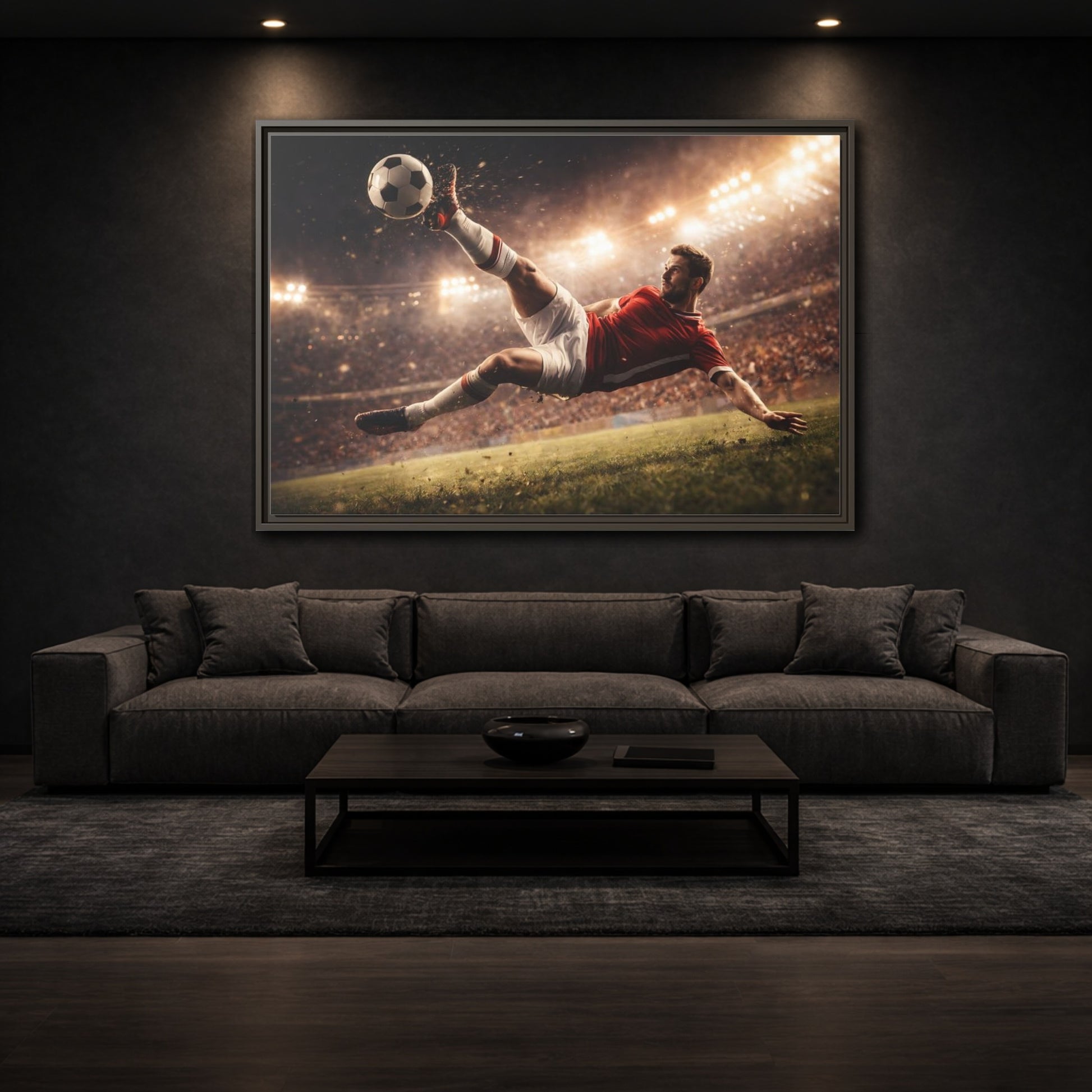 Mockup 2. Sports Soccer Player Soccer Action shown as stretched canvas wall art