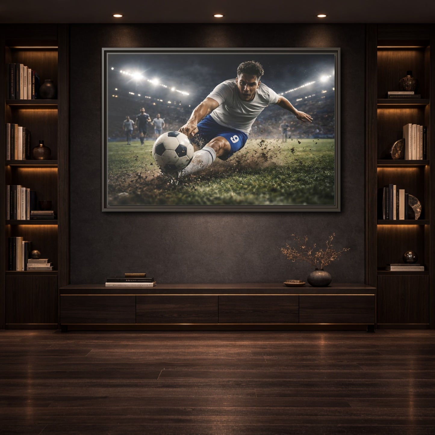 Mockup 3. Sports Soccer Player Soccer Action shown as stretched canvas wall art