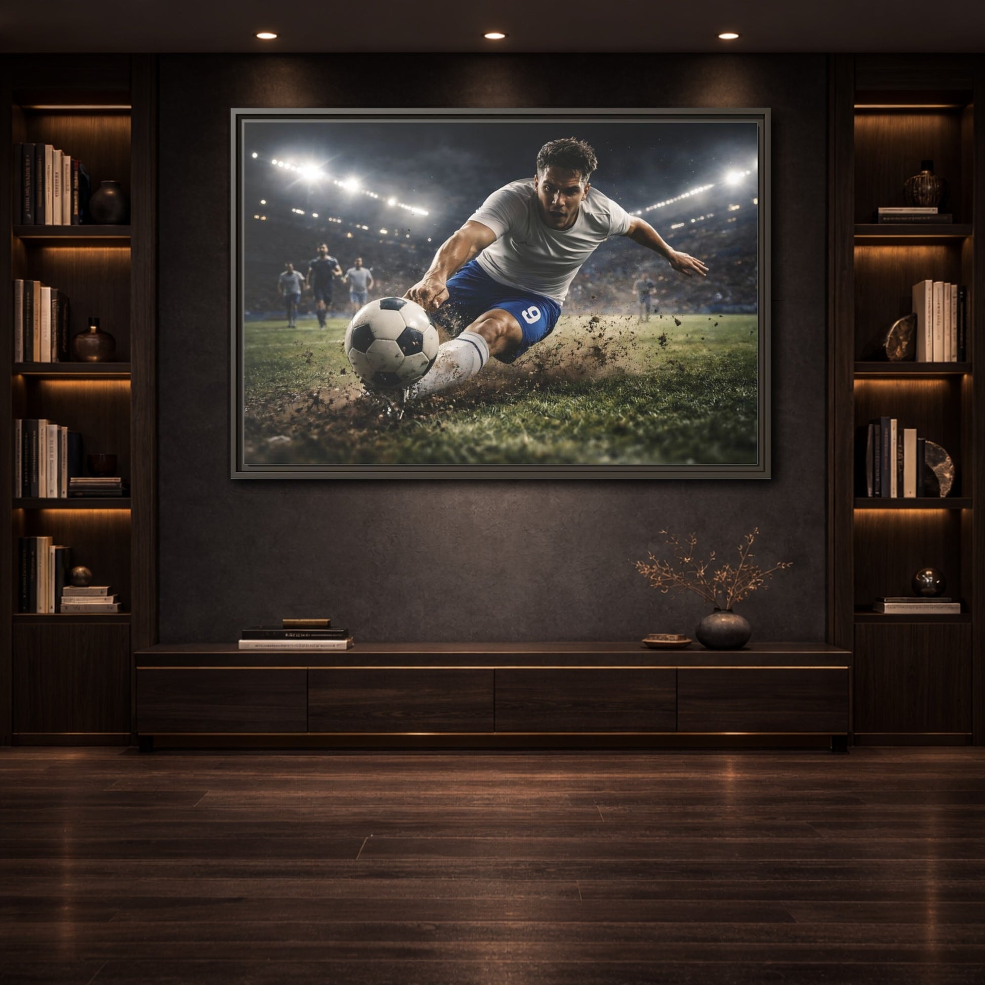 Mockup 3. Sports Soccer Player Soccer Action shown as stretched canvas wall art