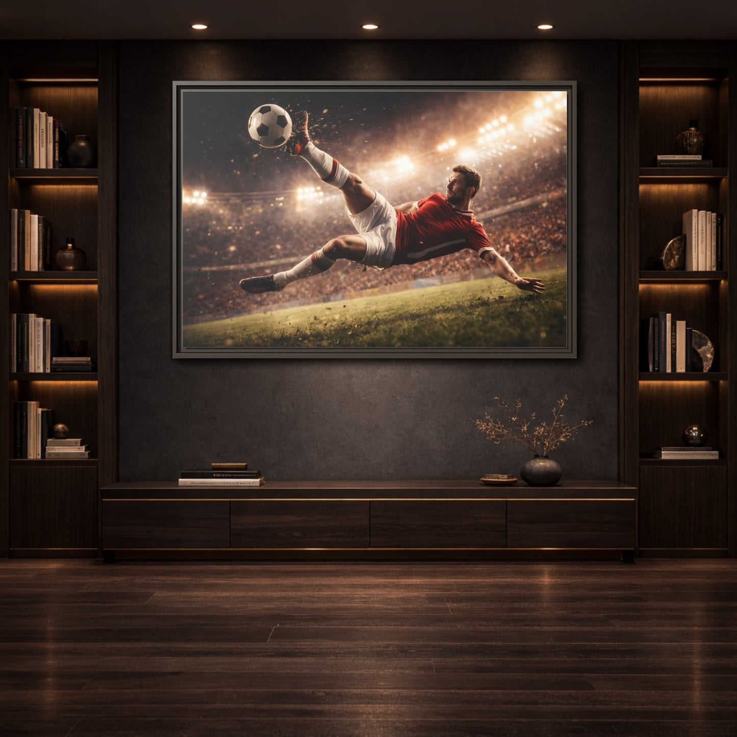 Mockup 3. Sports Soccer Player Soccer Action shown as stretched canvas wall art