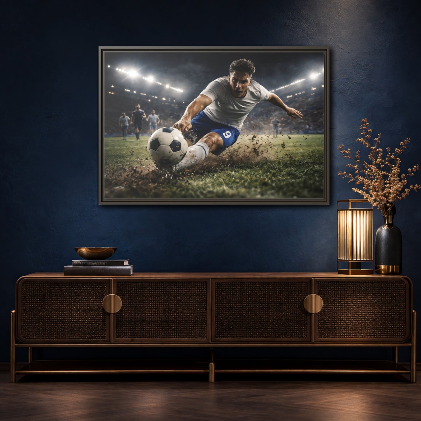 Mockup 4. Sports Soccer Player Soccer Action shown as stretched canvas wall art