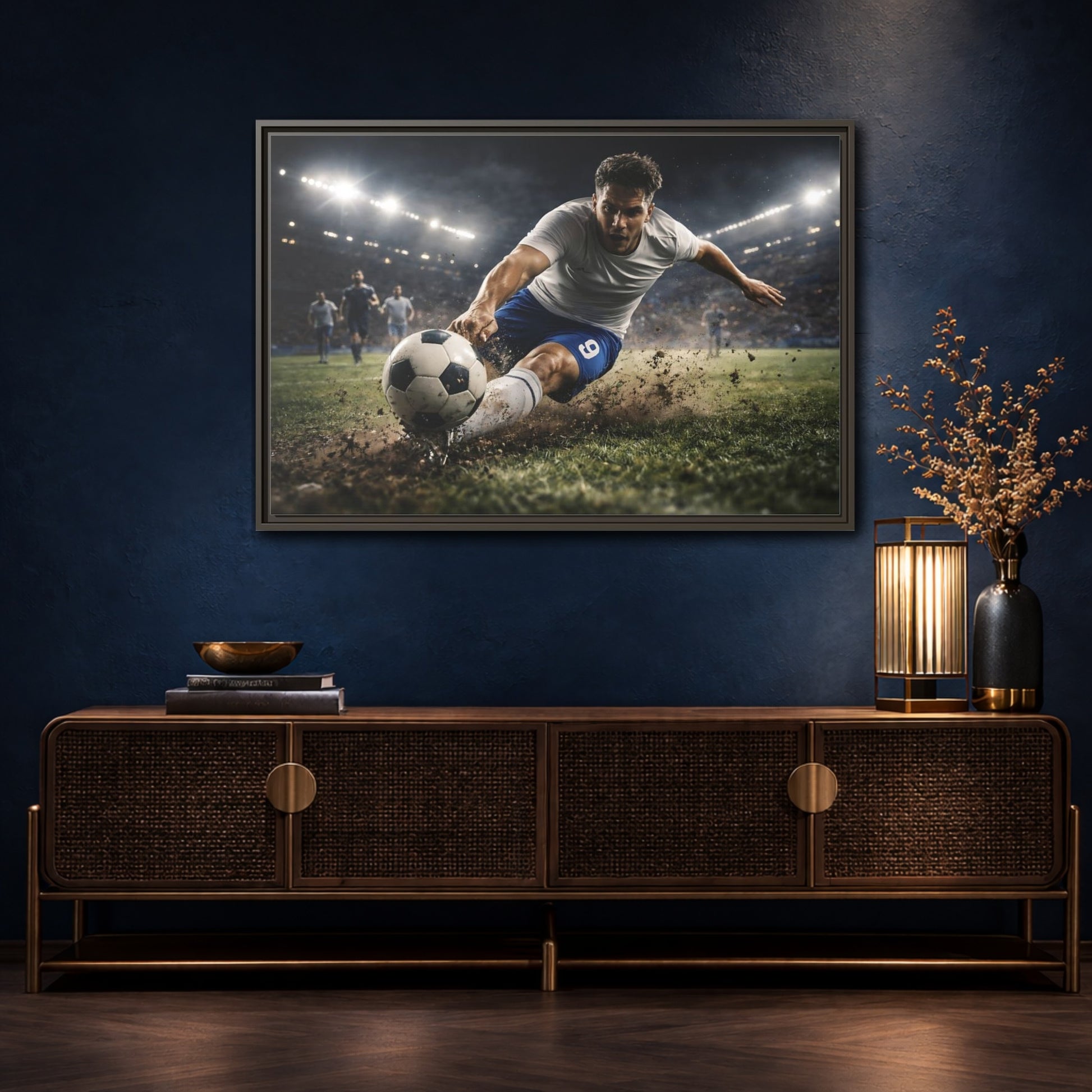 Mockup 4. Sports Soccer Player Soccer Action shown as stretched canvas wall art