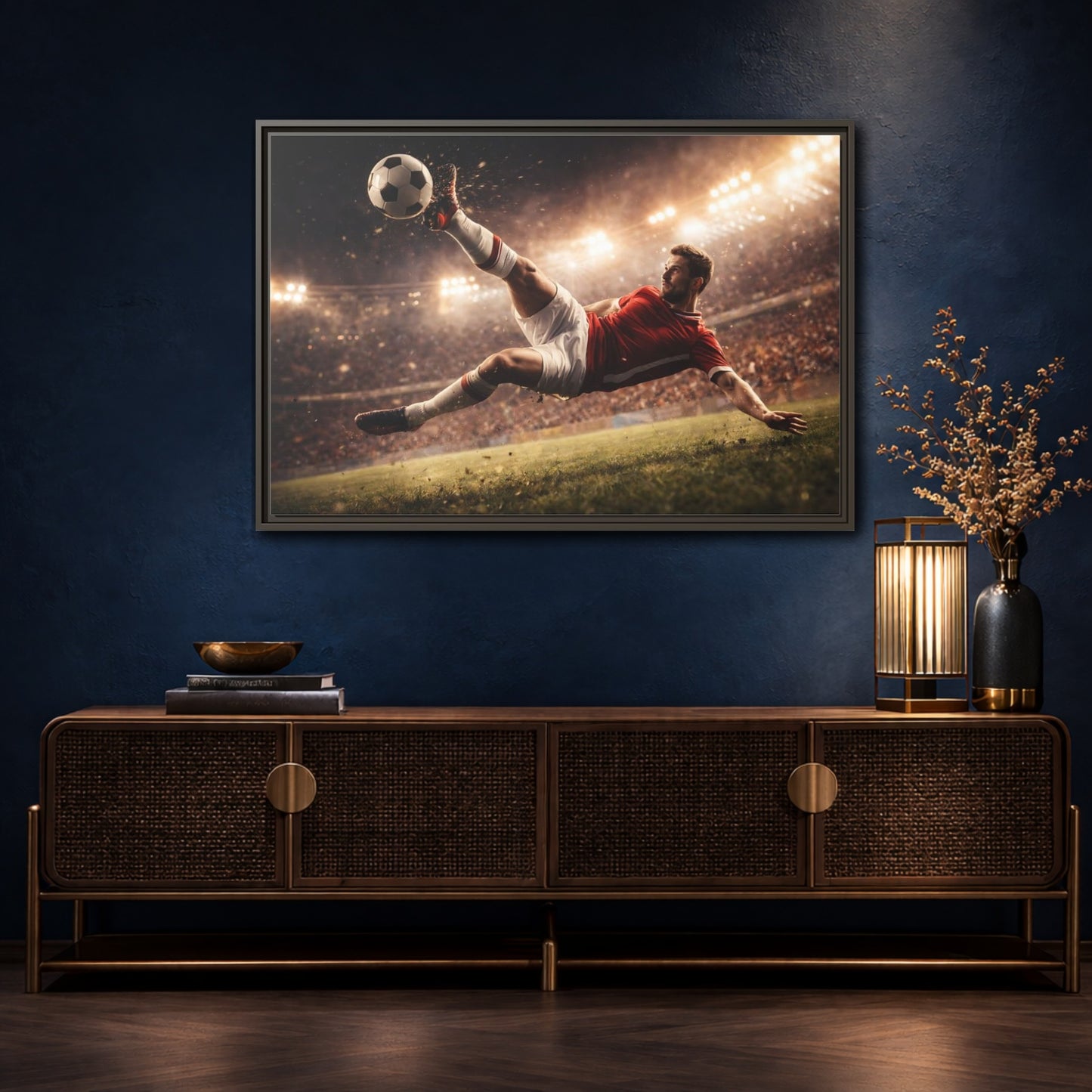 Mockup 4. Sports Soccer Player Soccer Action shown as stretched canvas wall art