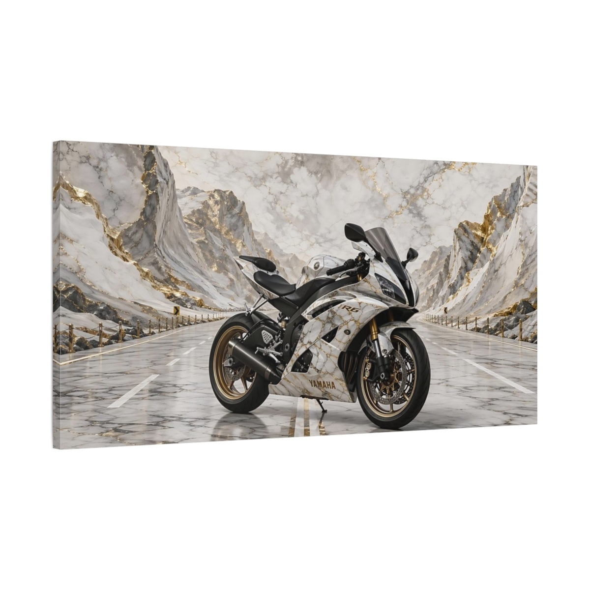 Main Mockup. Sports Sport Motorcycle White And Gold shown as stretched canvas wall art