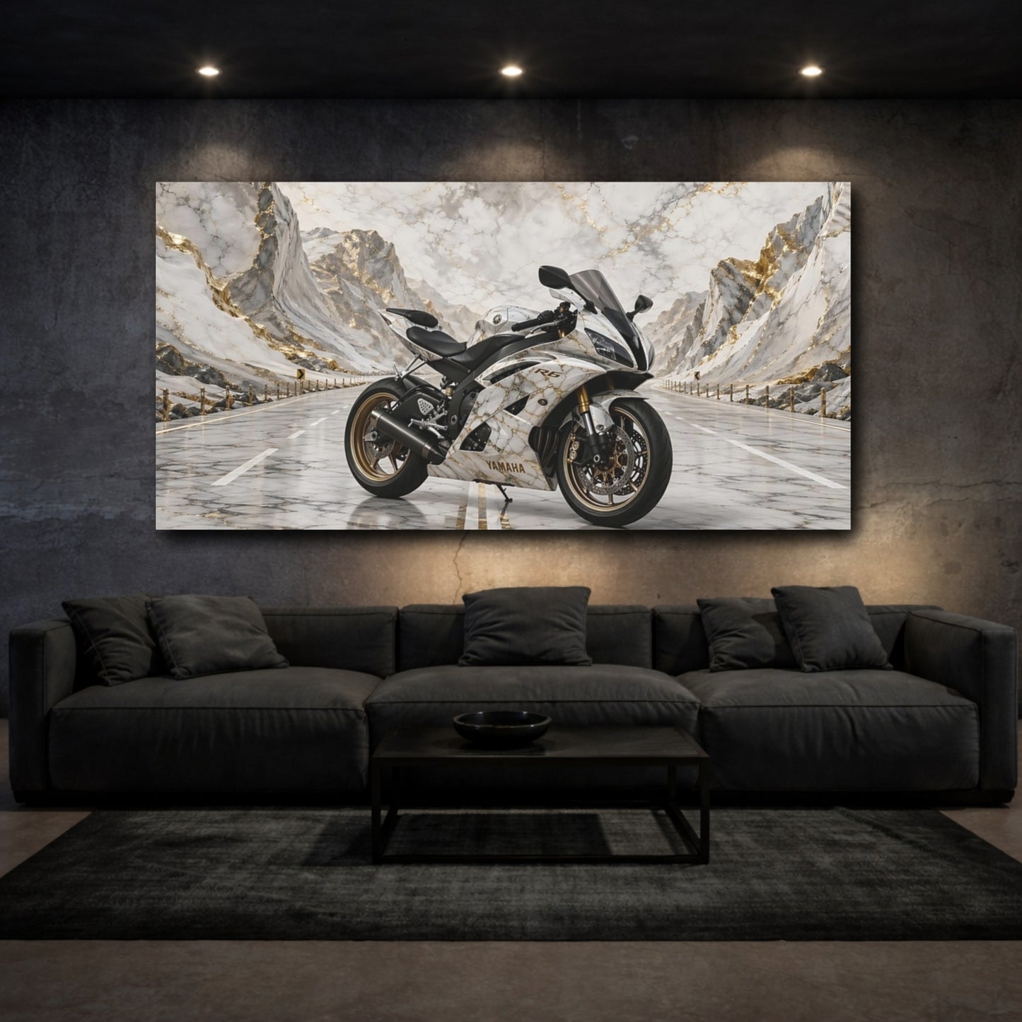 Mockup 2. Sports Sport Motorcycle White And Gold shown as stretched canvas wall art