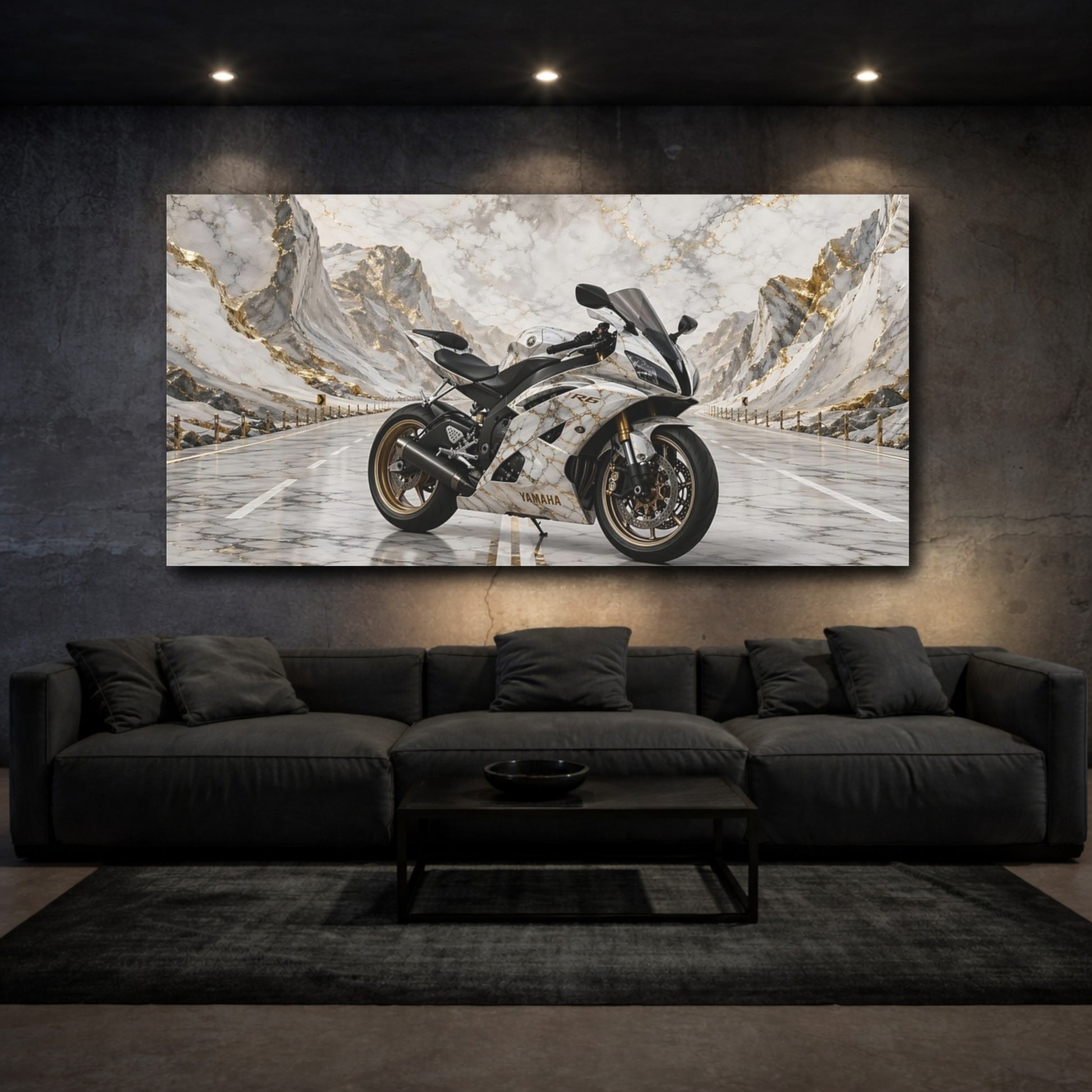 Mockup 2. Sports Sport Motorcycle White And Gold shown as stretched canvas wall art