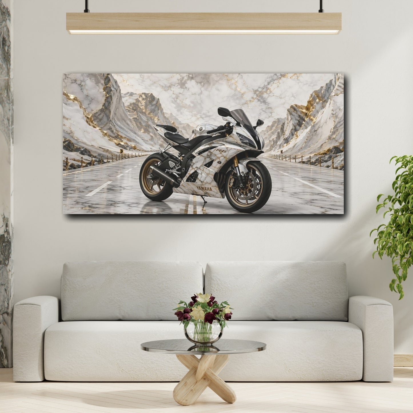 Mockup 3. Sports Sport Motorcycle White And Gold shown as stretched canvas wall art