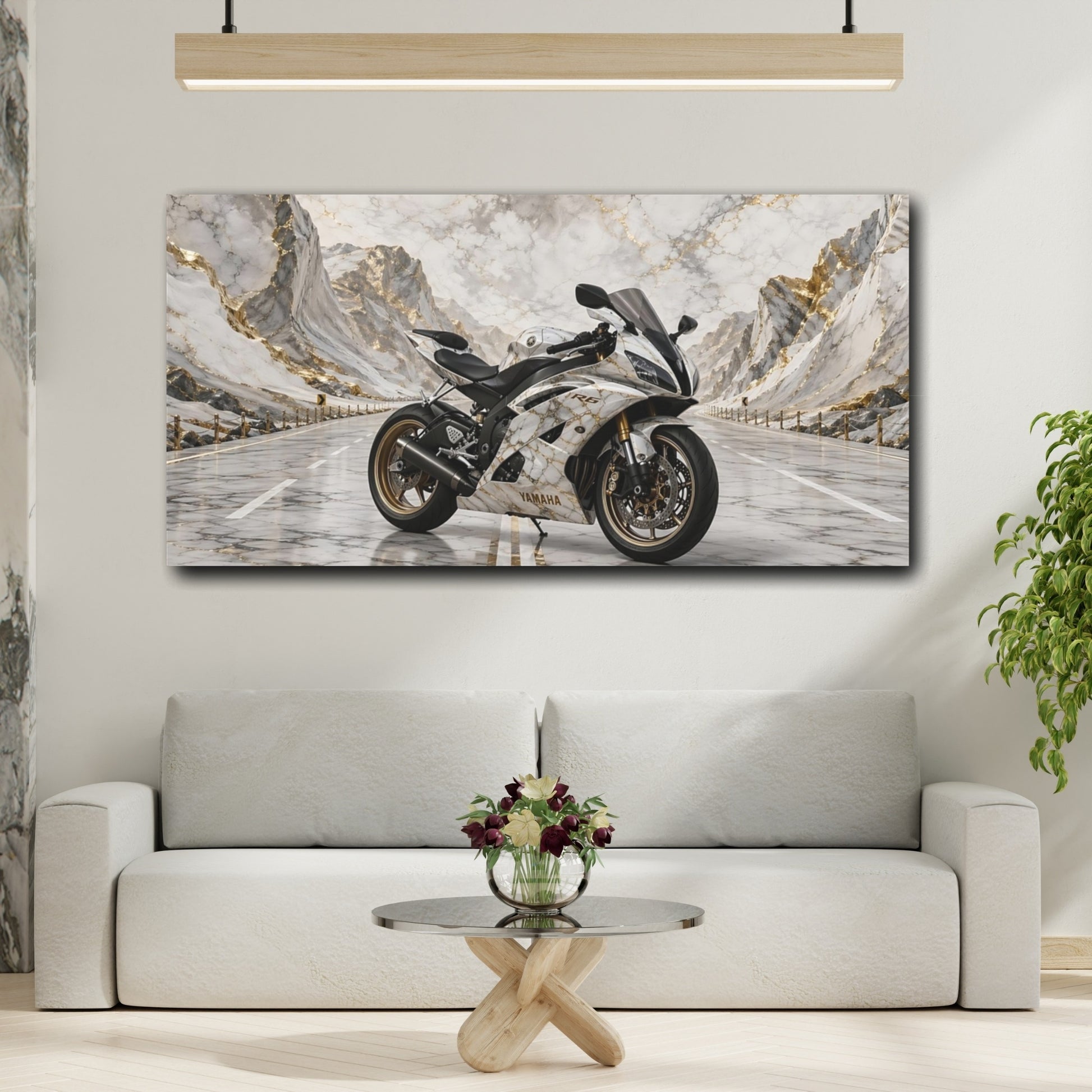 Mockup 3. Sports Sport Motorcycle White And Gold shown as stretched canvas wall art