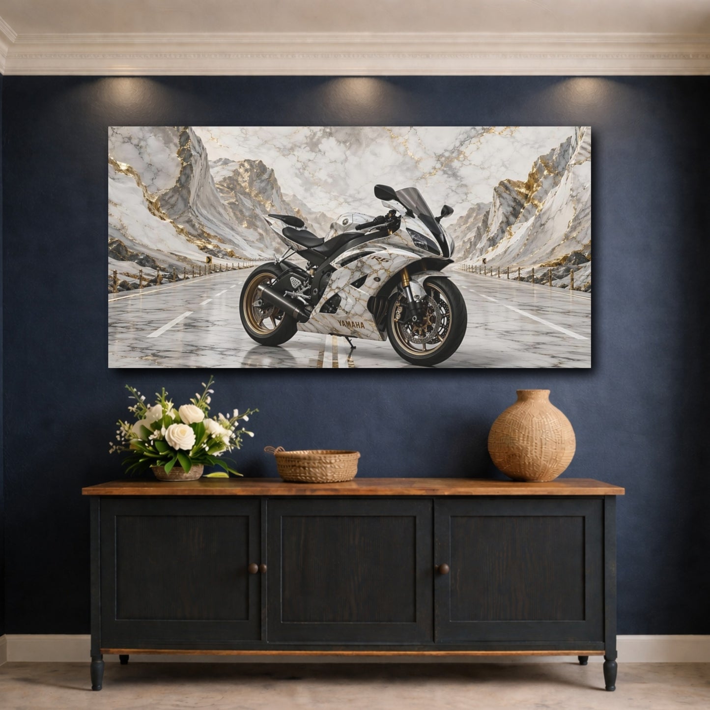Mockup 4. Sports Sport Motorcycle White And Gold shown as stretched canvas wall art