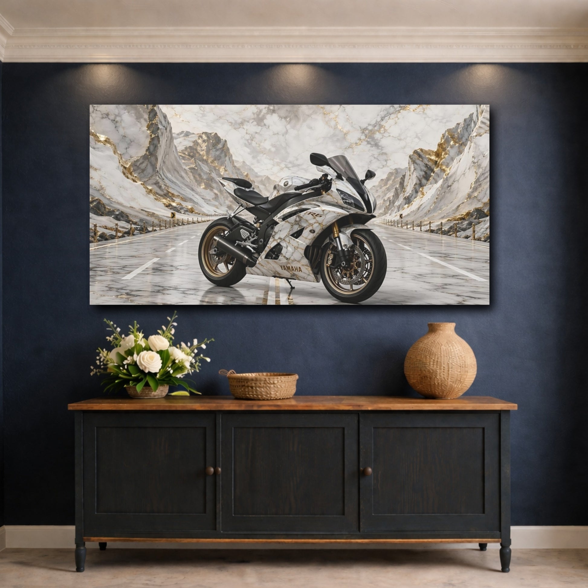 Mockup 4. Sports Sport Motorcycle White And Gold shown as stretched canvas wall art