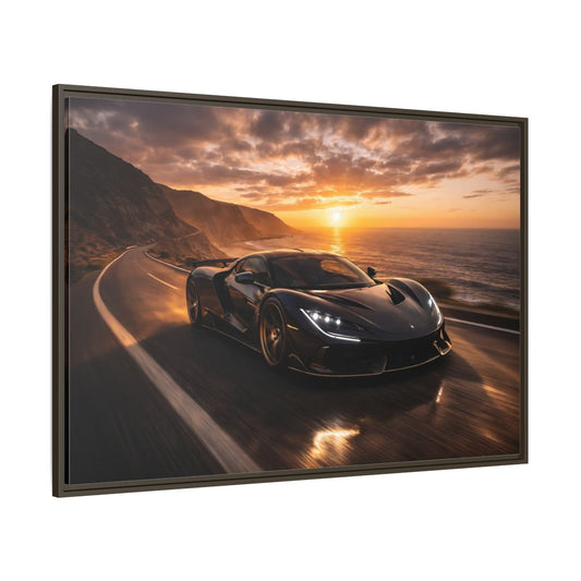 Main Mockup. Sports Sports Car Black And Orange shown as stretched canvas wall art