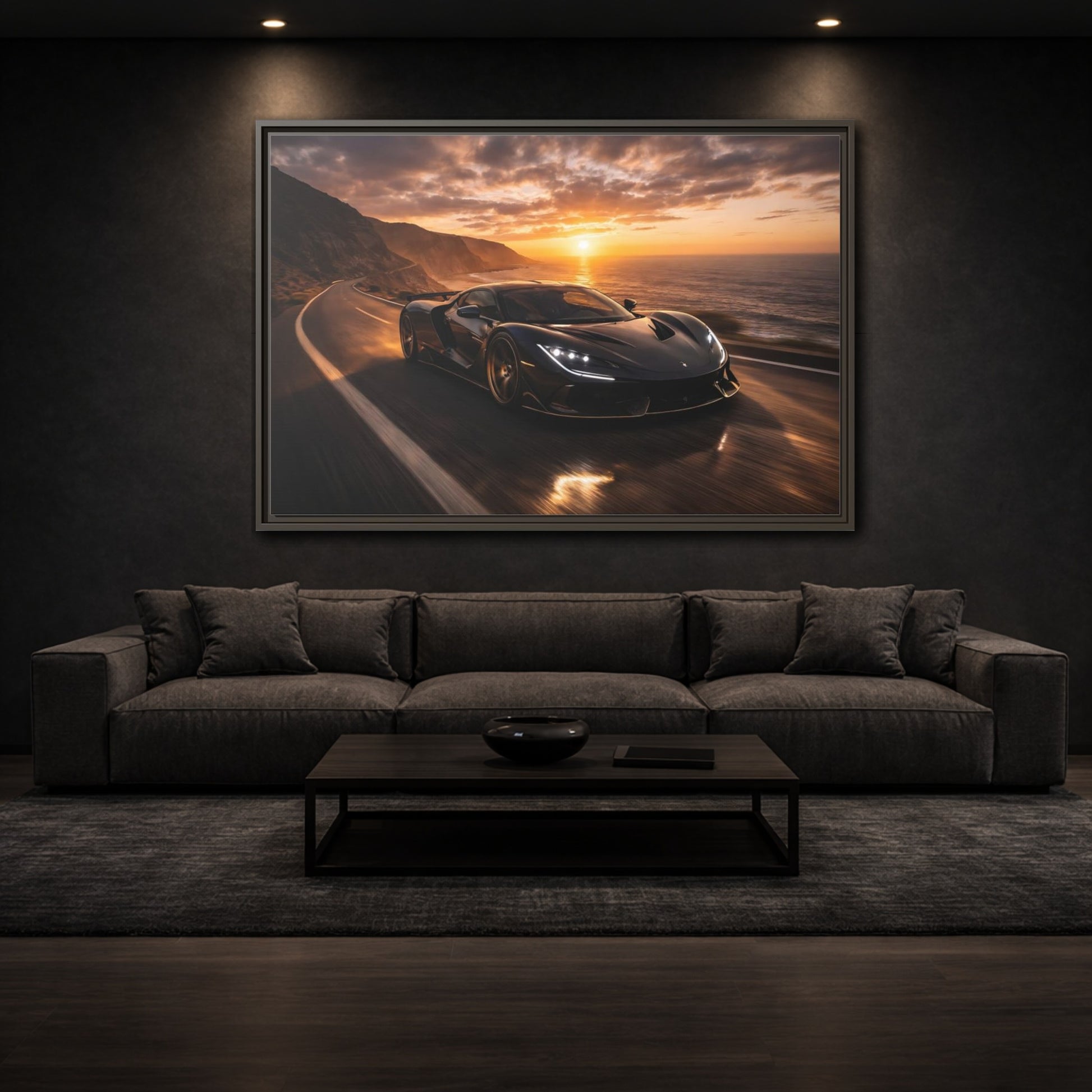 Mockup 2. Sports Sports Car Black And Orange shown as stretched canvas wall art