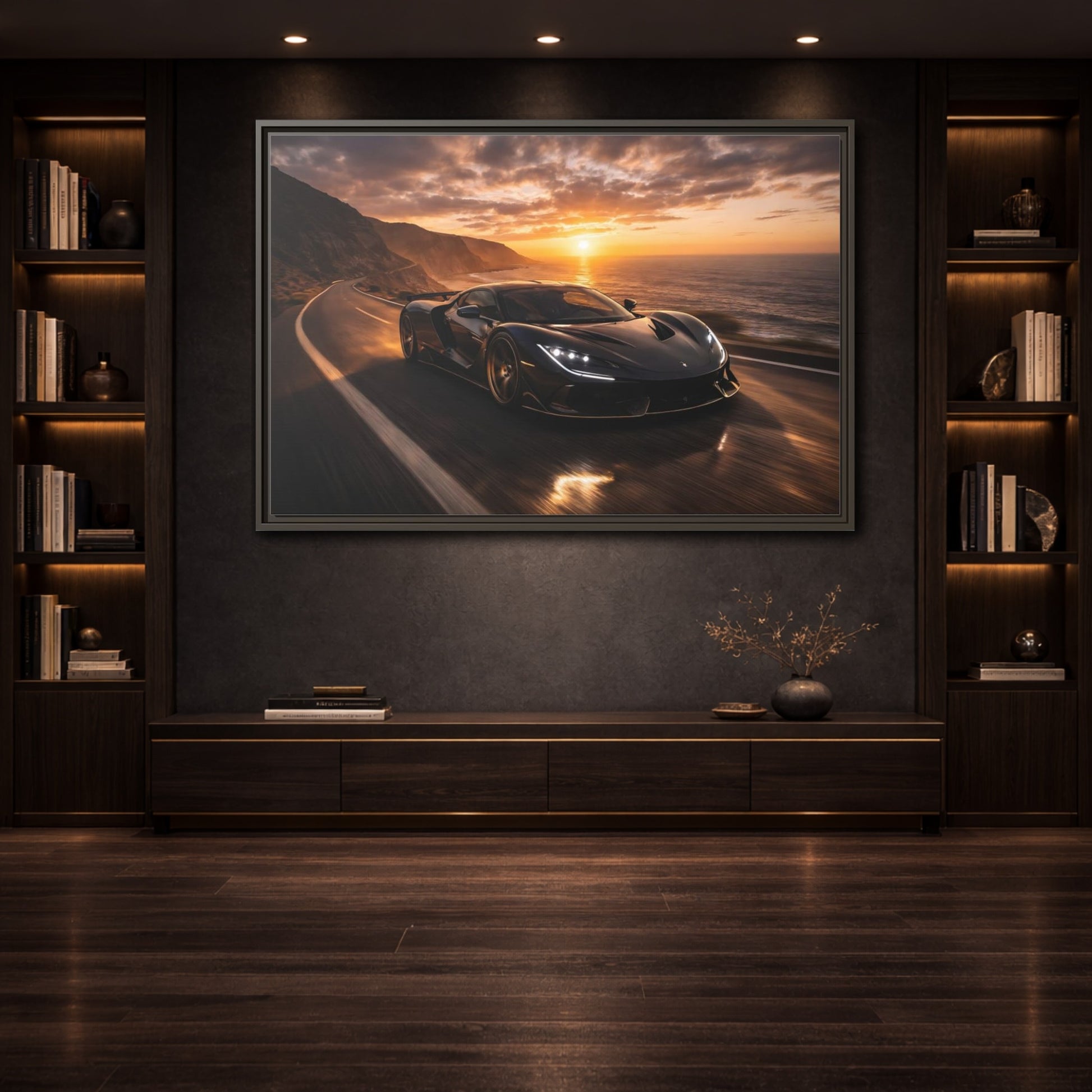 Mockup 3. Sports Sports Car Black And Orange shown as stretched canvas wall art