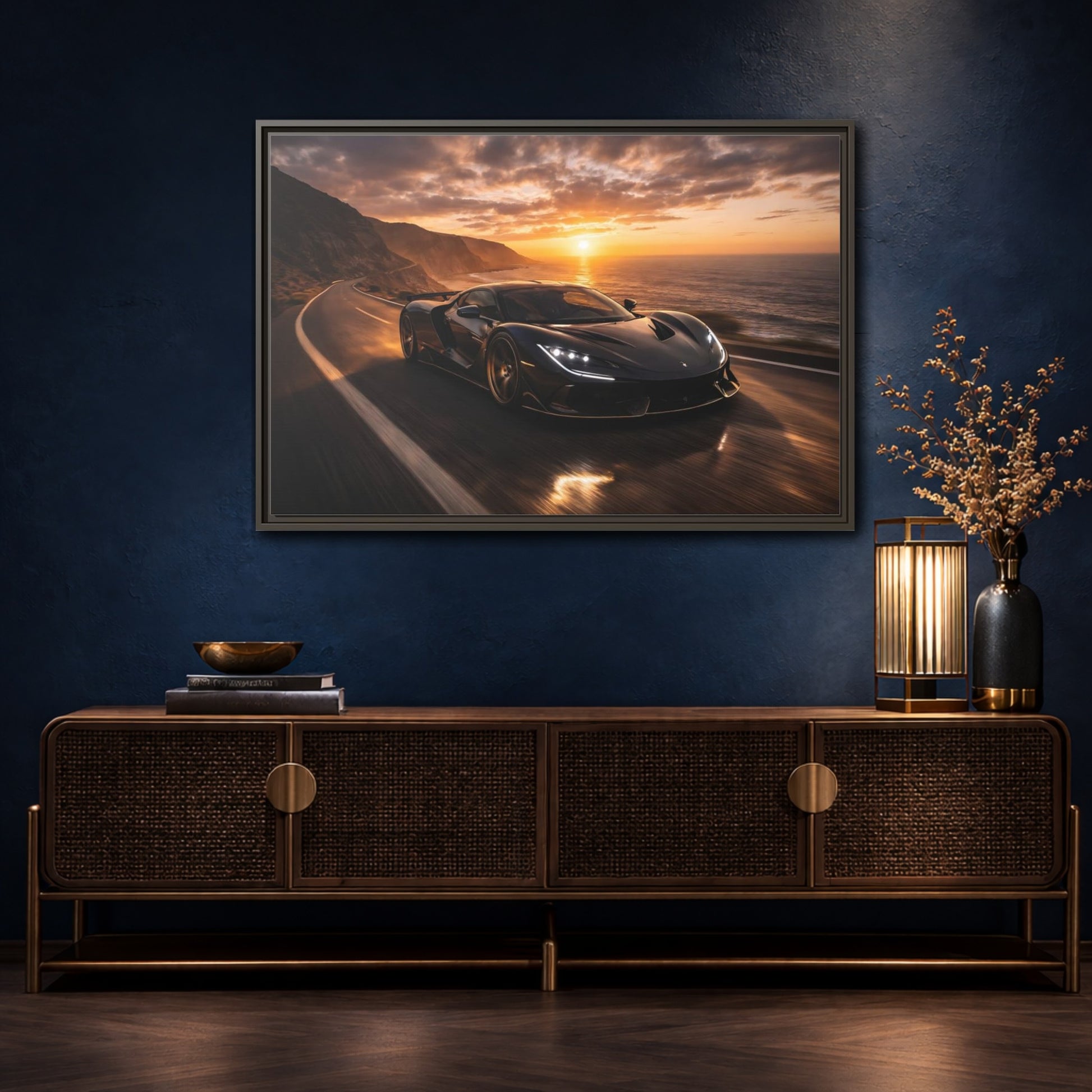 Mockup 4. Sports Sports Car Black And Orange shown as stretched canvas wall art