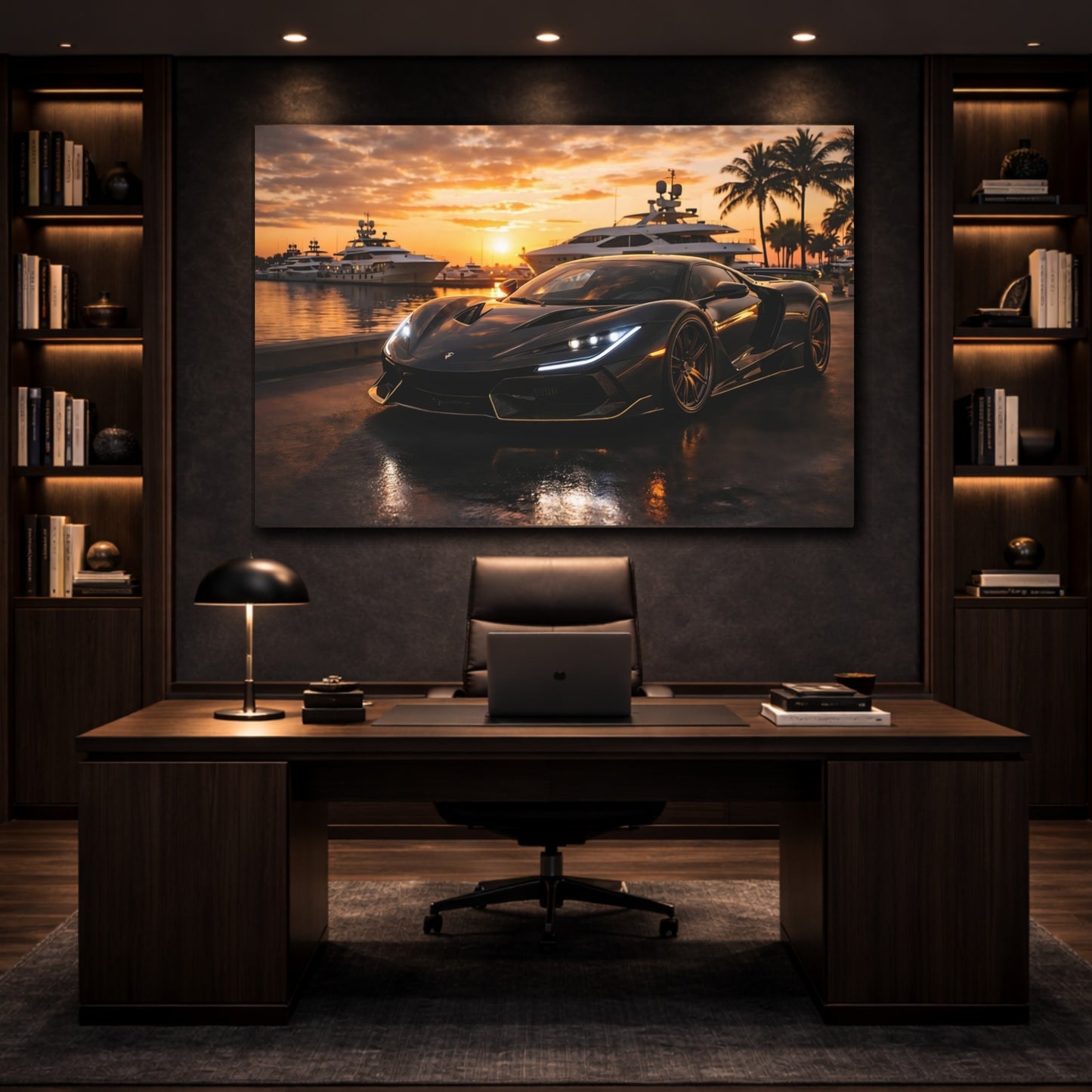 Sports Sports Car Black Car Golden Sunset shown as front canvas room wall art