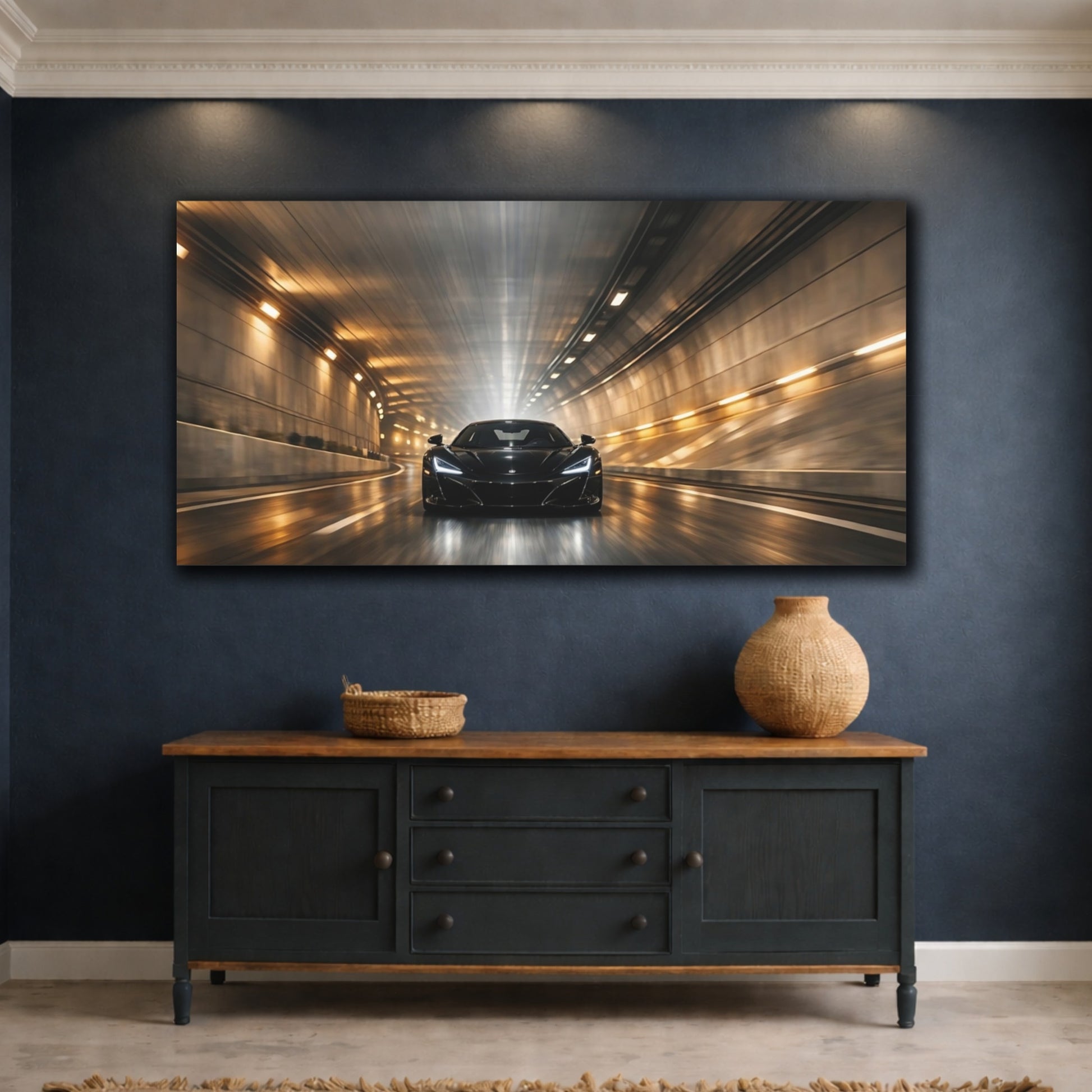 Mockup 4. Sports Sports Car Black Sports Car shown as stretched canvas wall art