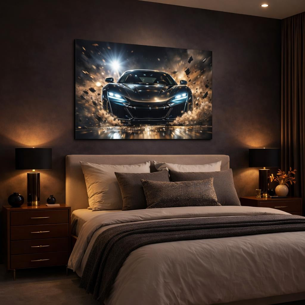 Sports Sports Car Dark Grey Car shown as canvas wall art in a luxury bedroom