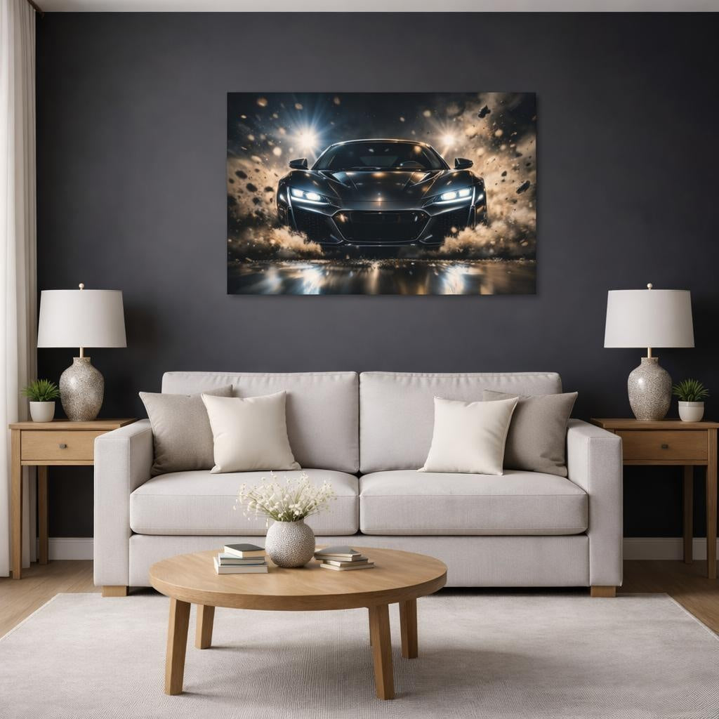 Sports Sports Car Dark Grey Car shown as canvas wall art in a modern living room