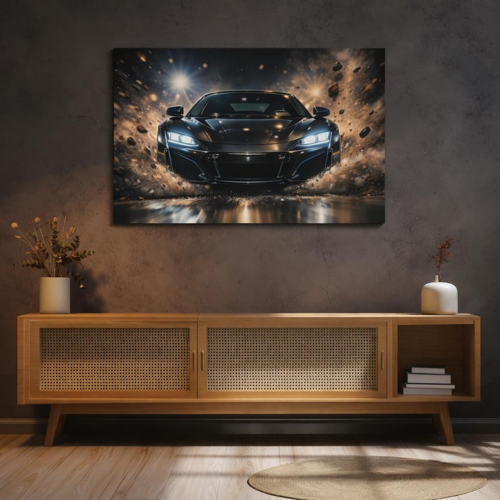 Sports Sports Car Dark Grey Car shown as canvas wall art in a luxury executive office