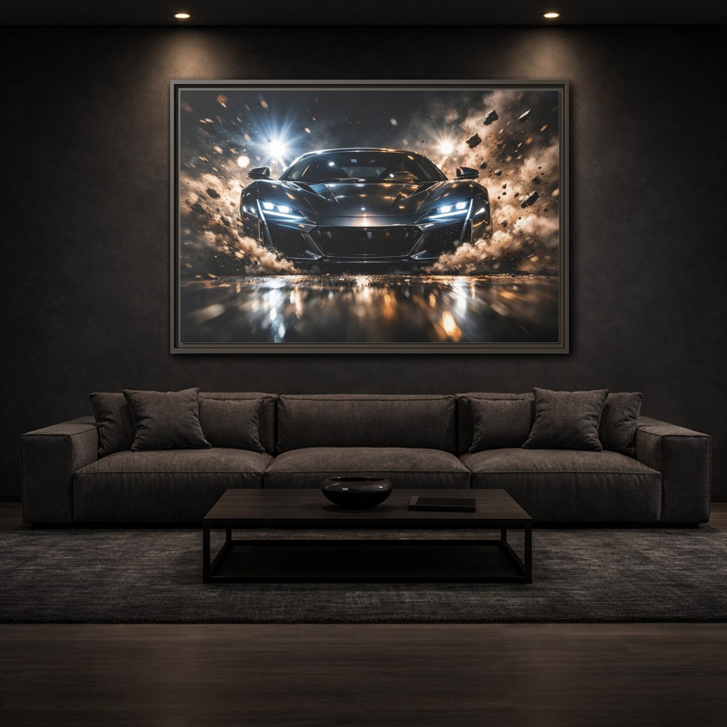 Mockup 2. Sports Sports Car Dark Grey Sports Car shown as stretched canvas wall art