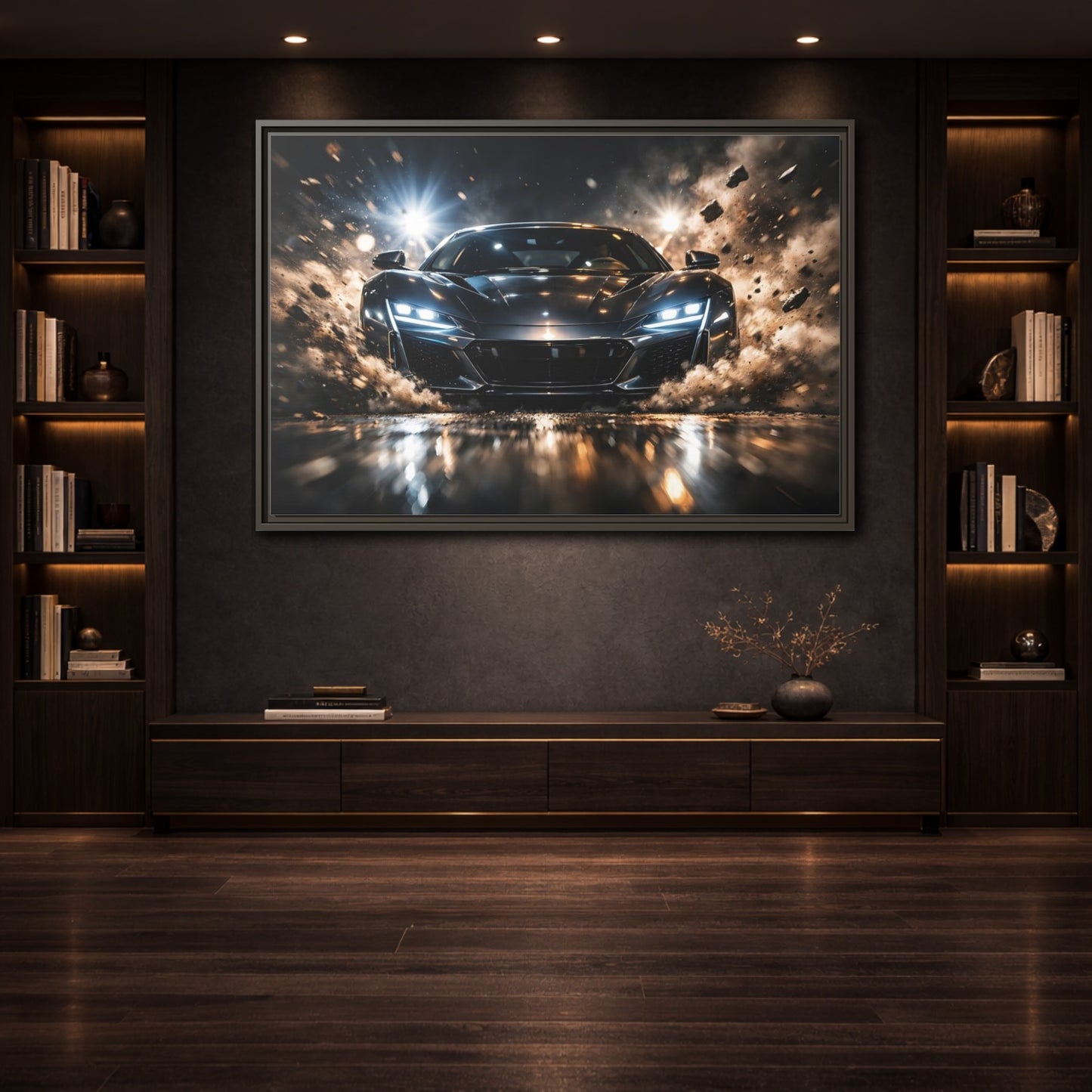 Mockup 3. Sports Sports Car Dark Grey Sports Car shown as stretched canvas wall art