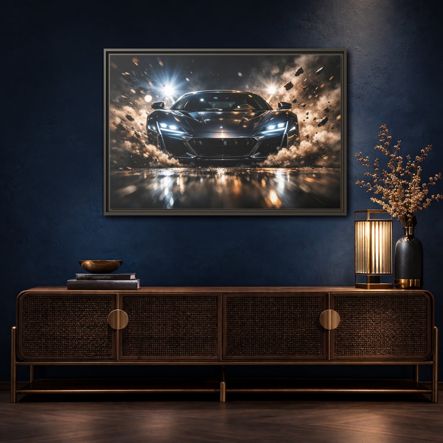 Mockup 4. Sports Sports Car Dark Grey Sports Car shown as stretched canvas wall art