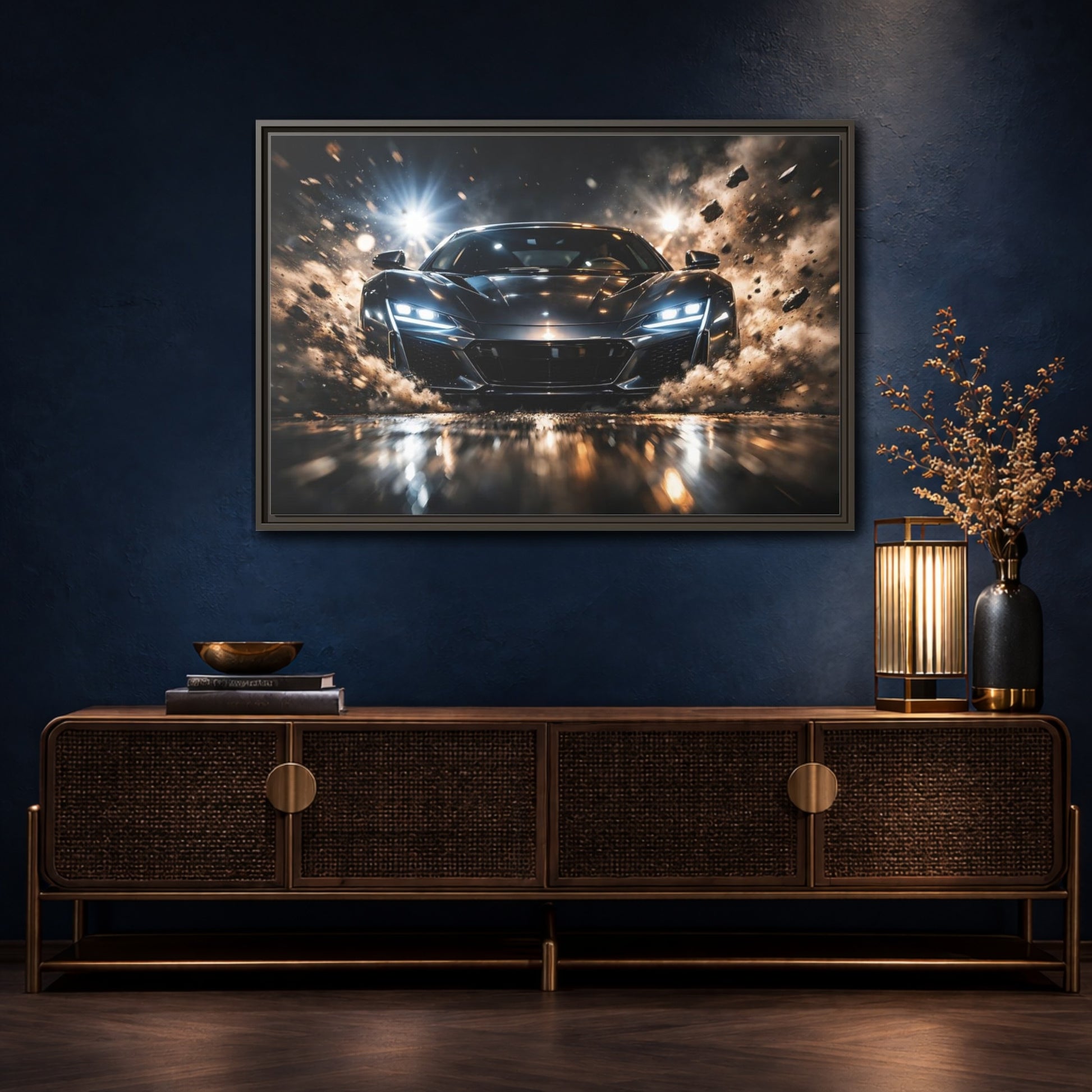 Mockup 4. Sports Sports Car Dark Grey Sports Car shown as stretched canvas wall art
