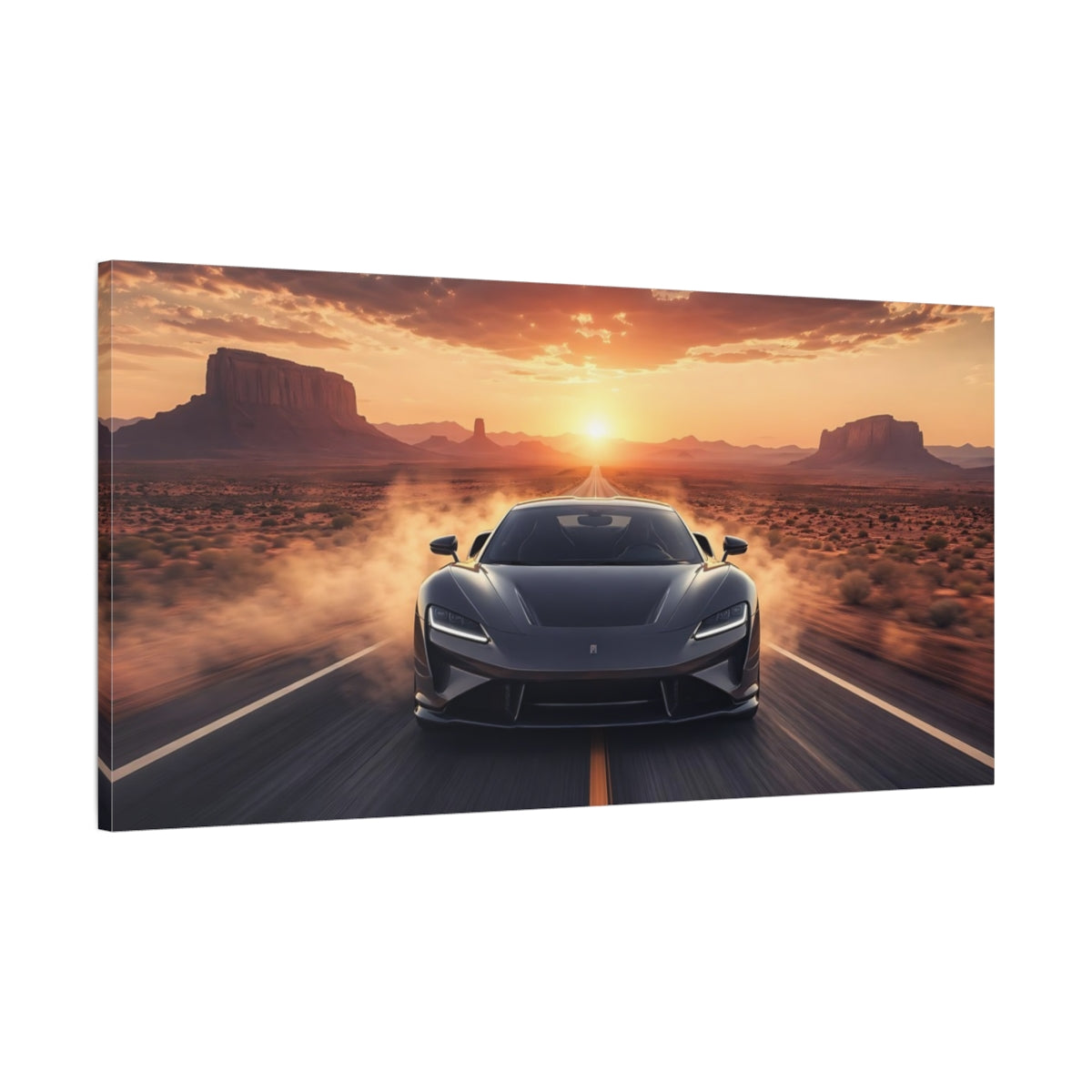 Main Mockup. Sports Sports Car Desert Sunset Car shown as stretched canvas wall art
