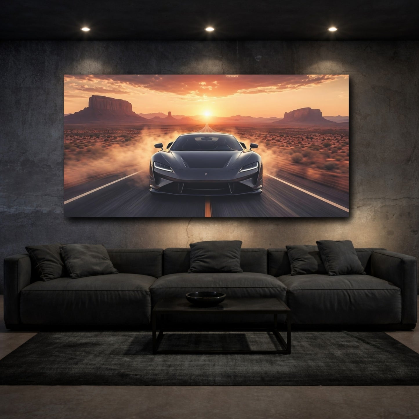 Mockup 2. Sports Sports Car Desert Sunset Car shown as stretched canvas wall art
