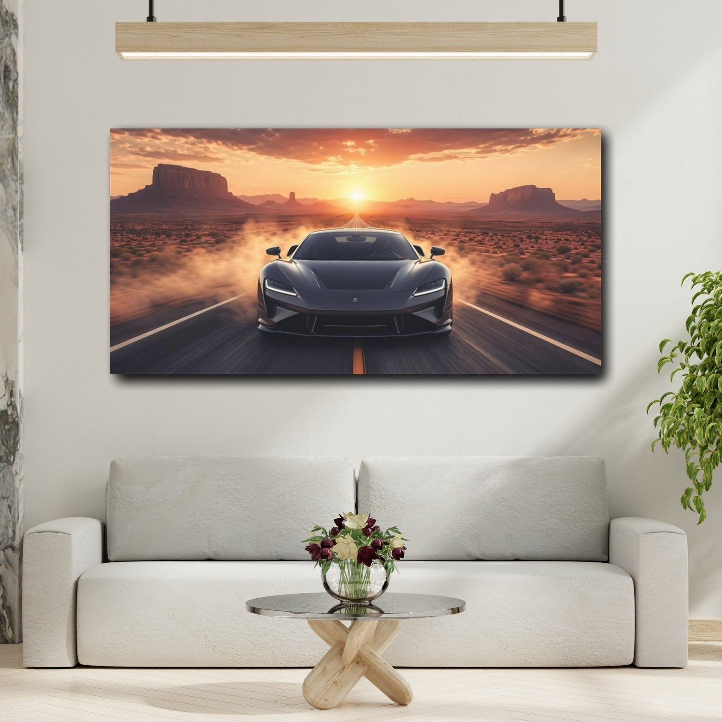 Mockup 3. Sports Sports Car Desert Sunset Car shown as stretched canvas wall art