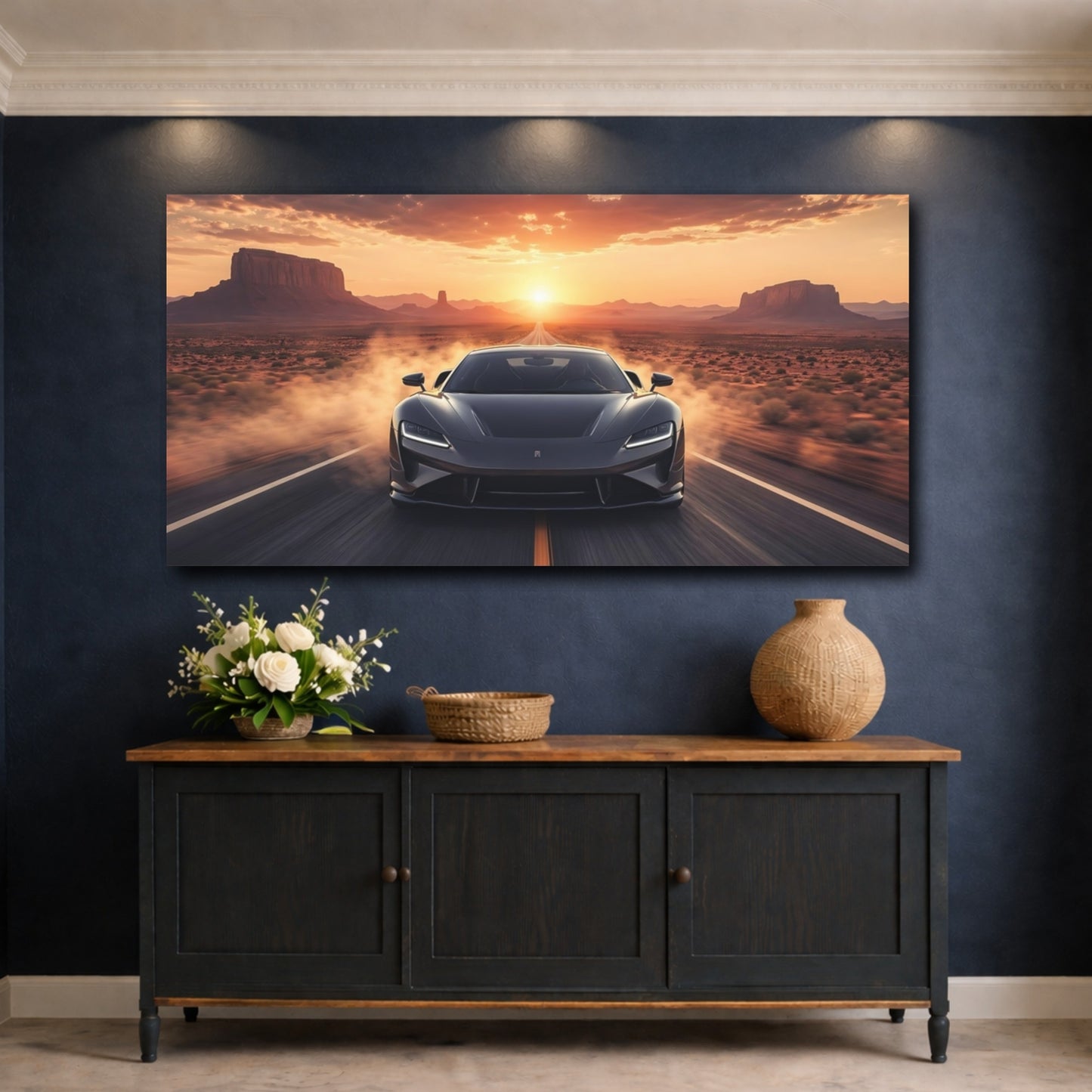 Mockup 4. Sports Sports Car Desert Sunset Car shown as stretched canvas wall art