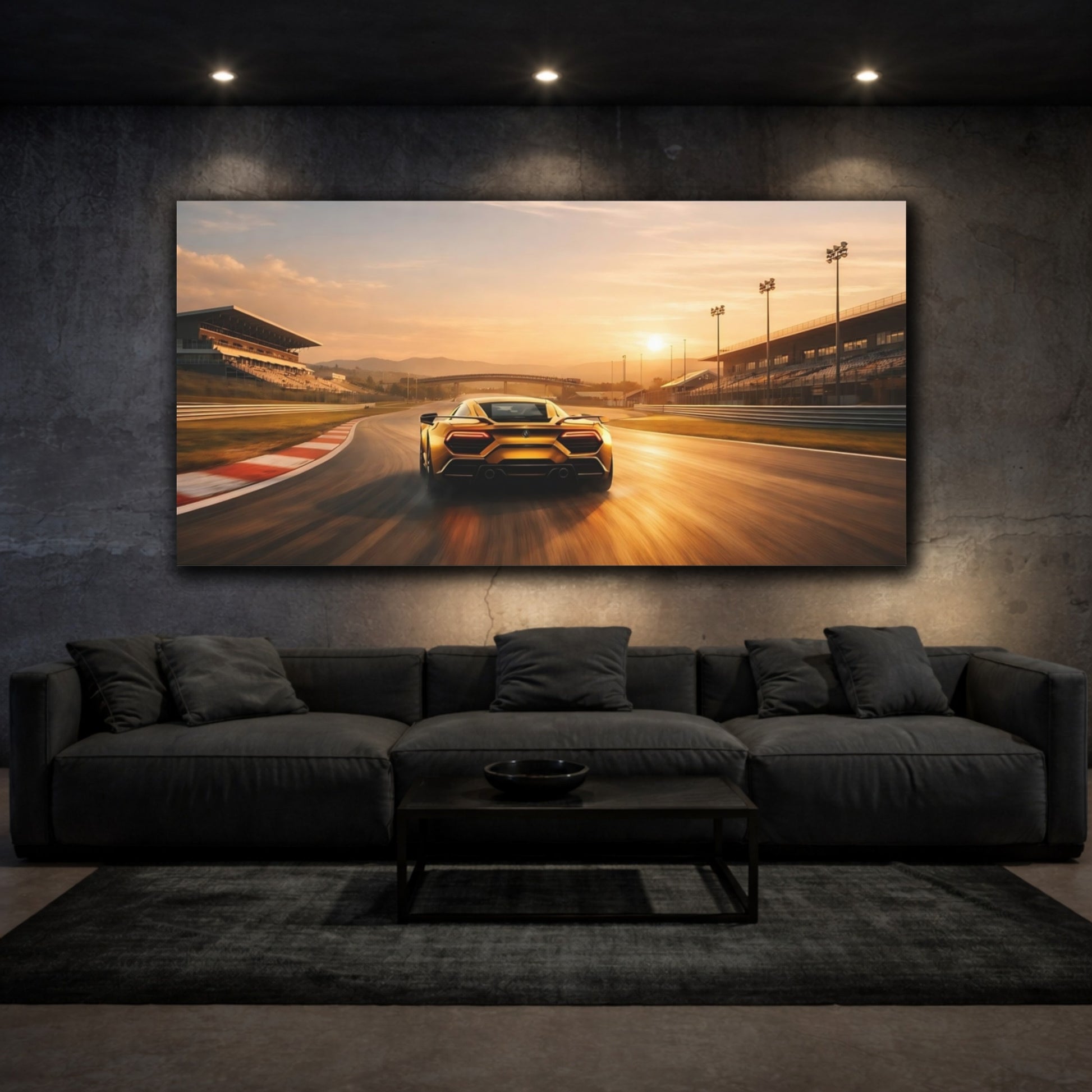 Mockup 2. Sports Sports Car Gold Sports Car shown as stretched canvas wall art