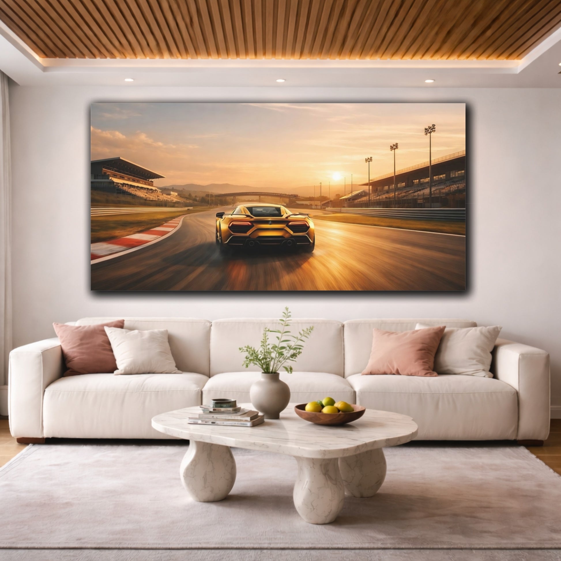 Mockup 3. Sports Sports Car Gold Sports Car shown as stretched canvas wall art