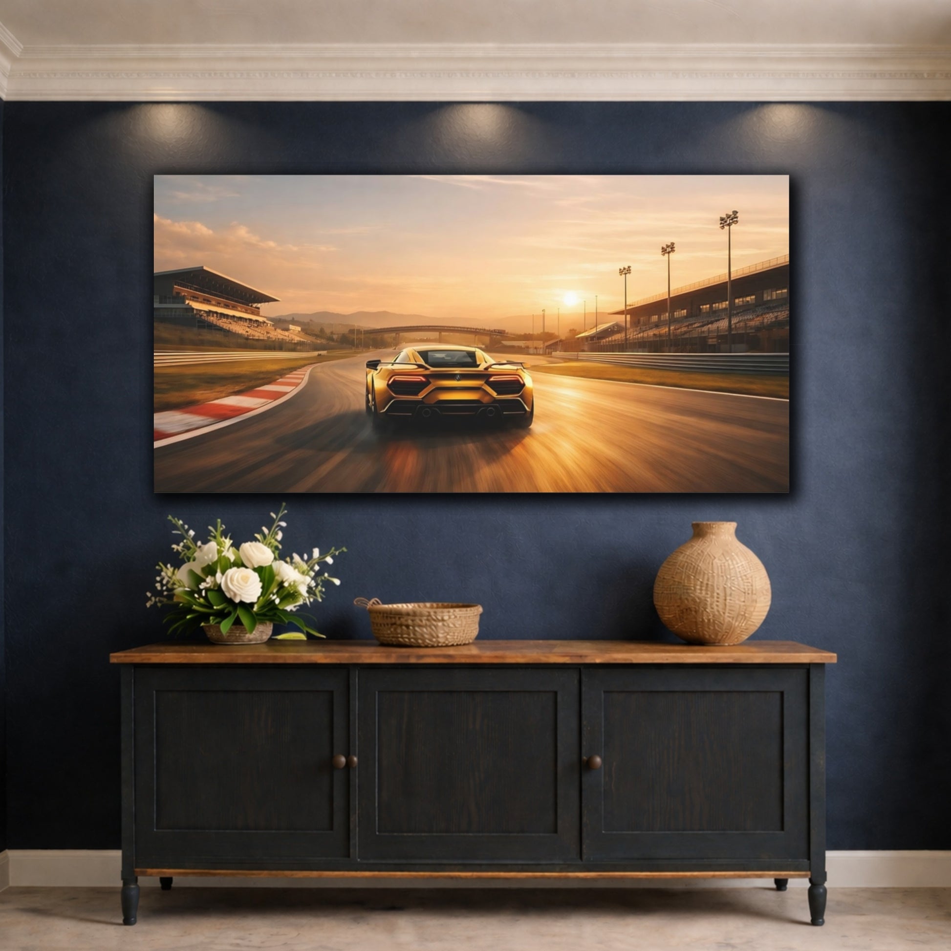 Mockup 4. Sports Sports Car Gold Sports Car shown as stretched canvas wall art