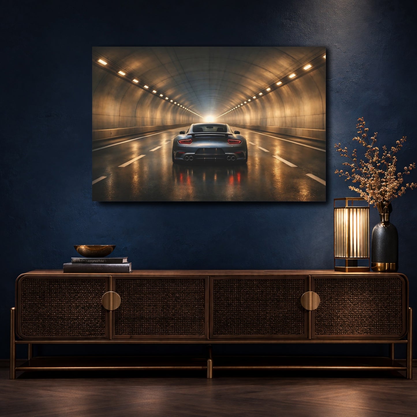 Mockup 4. Sports Sports Car Grey Car shown as stretched canvas wall art