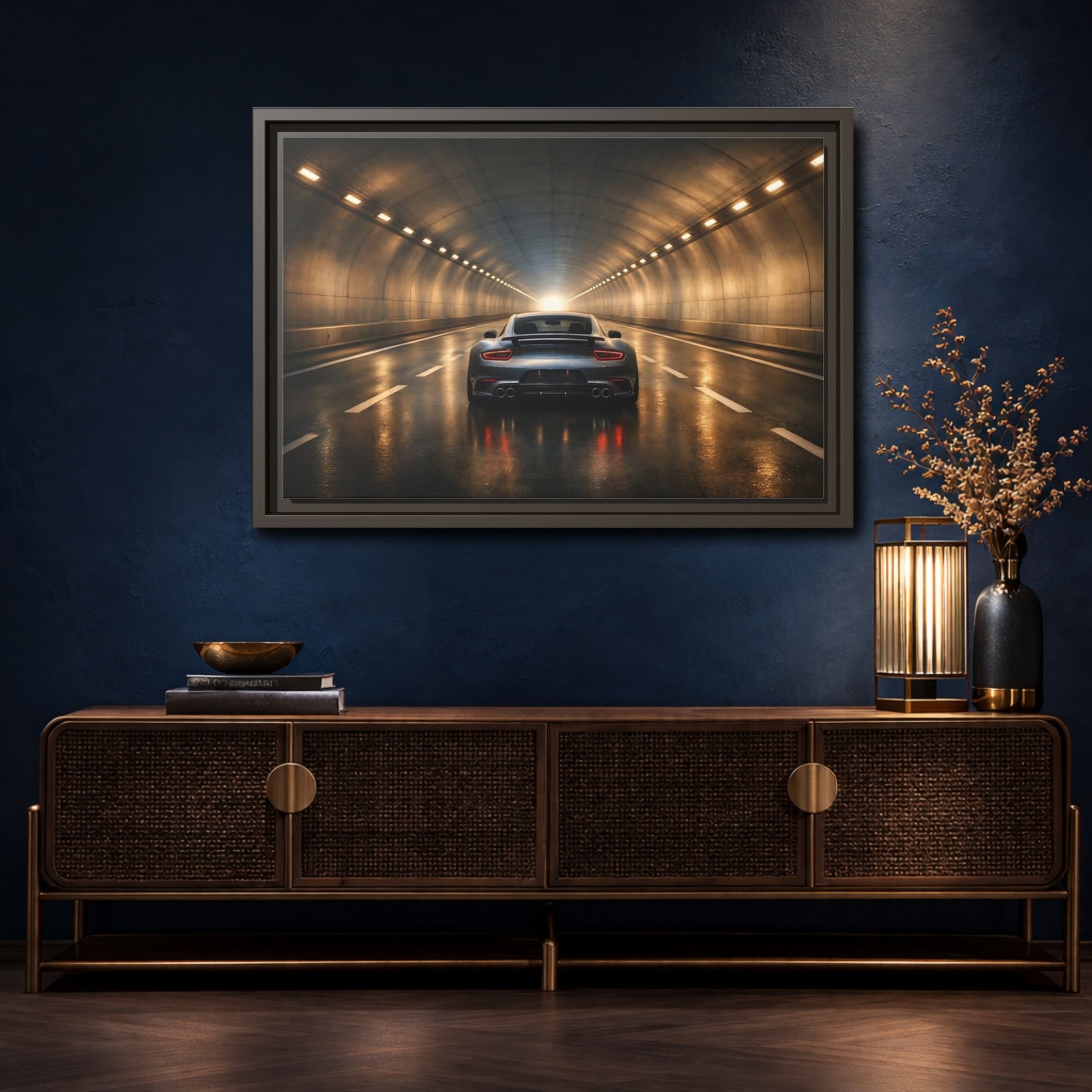 Mockup 4. Sports Sports Car Grey Sports Car shown as stretched canvas wall art